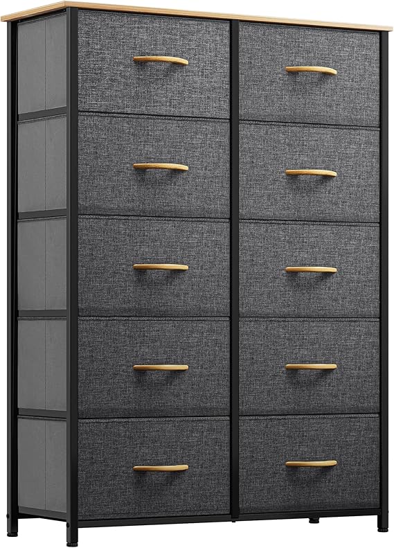 GOOBED 10 Drawers Dresser, Fabric Dresser, Tall Chest Organizer Unit for Living Room, Hallway, Closets, Sturdy Steel Frame, Wooden Top
