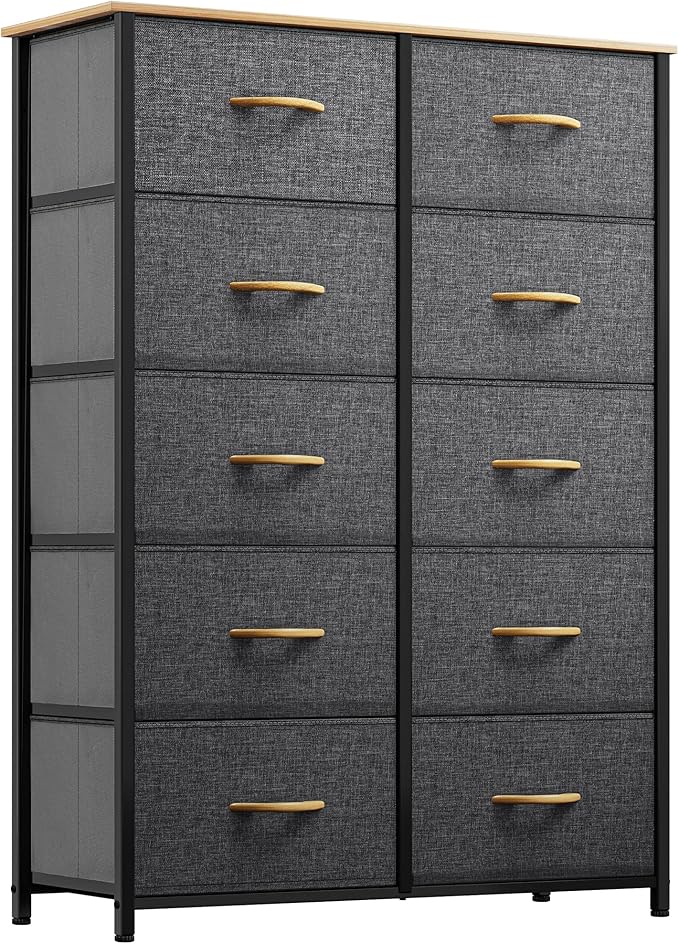 GOOBED 10 Drawers Dresser, Fabric Dresser, Tall Chest Organizer Unit for Living Room, Hallway, Closets, Sturdy Steel Frame, Wooden Top