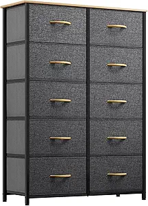 GOOBED 10 Drawers Dresser, Fabric Dresser, Tall Chest Organizer Unit for Living Room, Hallway, Closets, Sturdy Steel Frame, Wooden Top