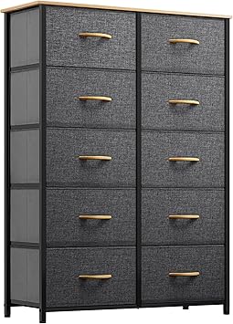 GOOBED 10 Drawers Dresser, Fabric Dresser, Tall Chest Organizer Unit for Living Room, Hallway, Closets, Sturdy Steel Frame, Wooden Top