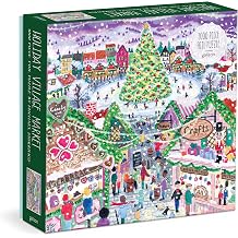 Galison Michael Storrings Holiday Village Market Puzzle 1000 Piece Foil Puzzle in Square Box with Festive Market Scene