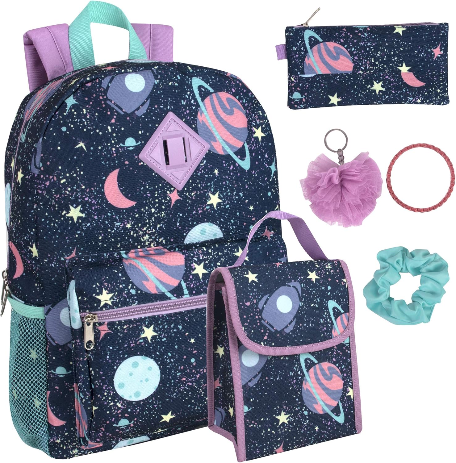 Trail maker Girl 6 in 1 Set Backpack with Lunch Bag, Case Pencil, Bottle, Keychain, Clip