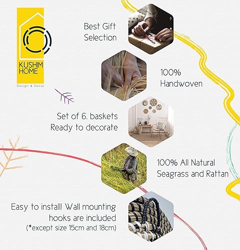 Miniatura 4 de KushimHome - Juego de cestas colgantes de pared, decoración de mimbre estilo bohemio grande, decoración de pared de hierba marina tejida de bambú,