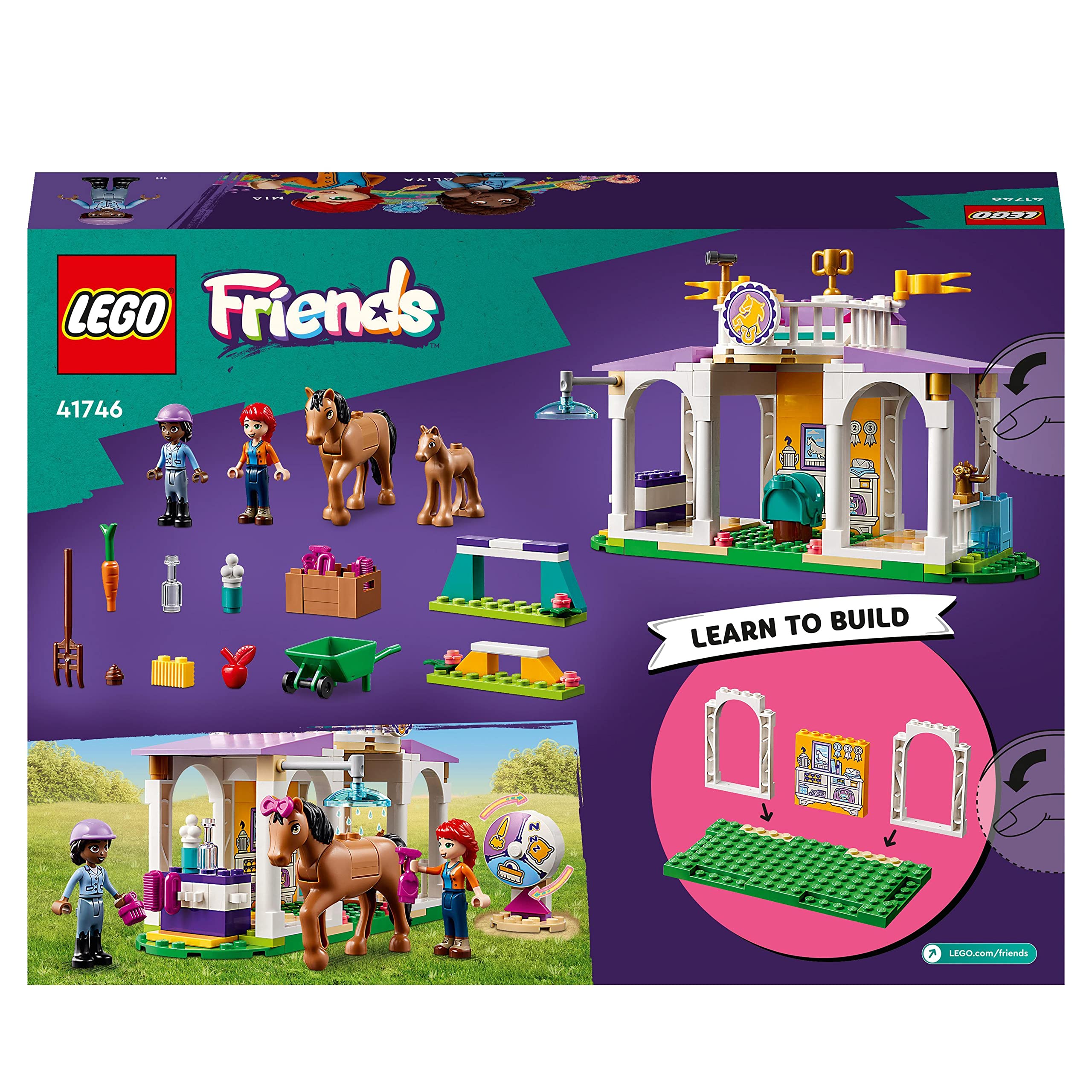 LEGO Friends Szkolenie koni, zestaw klocków ze zwierzętami: figurka kucyka i konika, zabawka dla dziecka z minilaleczkami, prezent dla 4-latka, chłopca i dziewczynki, miłośniczki koni, 41746