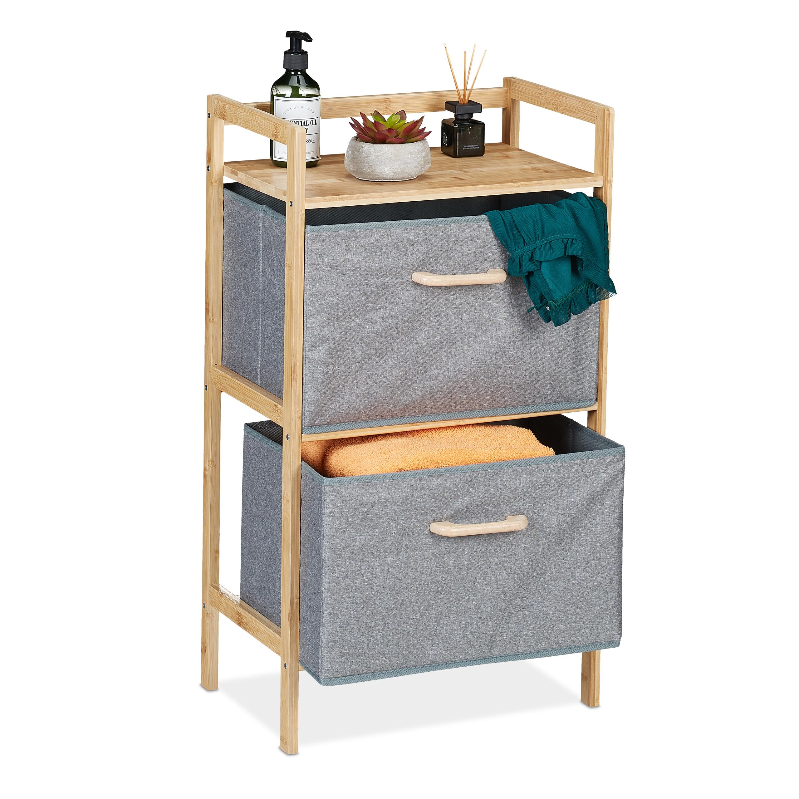 Relaxdays Scaffale Portabiancheria, Mobiletto da Bagno in bambù con 2 Sacchi Rimovibili, 76 x 43 x 27 cm, Marrone Grigio