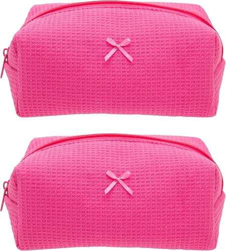 PAZIMIIK Cozy Makeup Bag Travel Cosmetic Bag for Women Soft Toiletry Bag Aesthetic Makeup Organizer Portable Large Zipper Pouch for Skincare Beauty Accessories Brushes, Waffle Check Hotpink, 2PCS