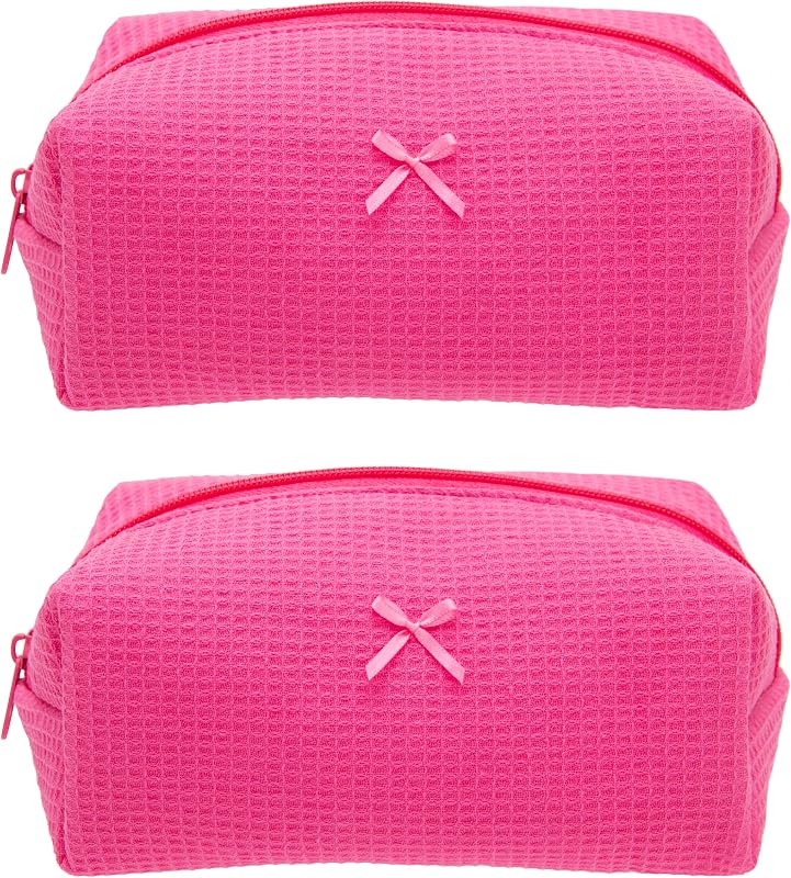 Necessaire de maquiagem PAZIMIIK com zíper, estampa Waffle Hotpink, pacote com 2