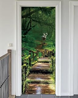 FLFK Door Mural Sticker - Forest Woodbridge Deer,Peel and Stick,Combined Size 32"x80",Split into 2 Pieces