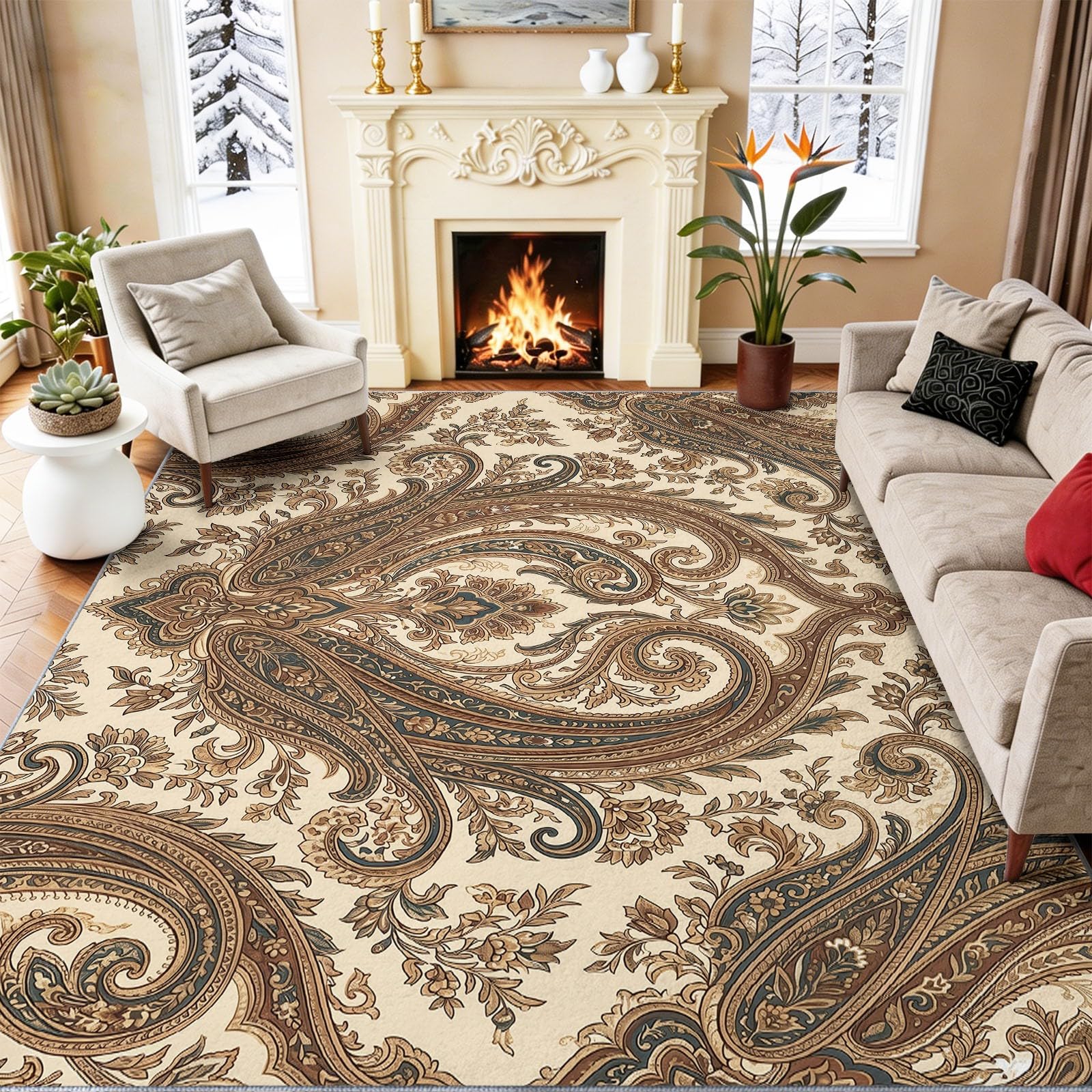 Tapis motif cachemire luxe au style rétro chic pour grand salon
