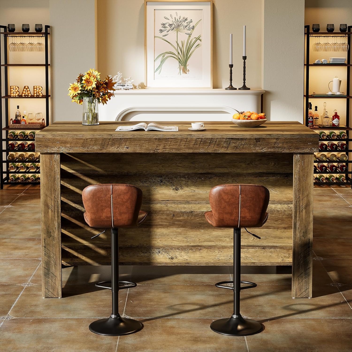 Tribesigns 55" Kitchen Island with Seating and Storage, 3-Tier Farmhouse Wood Stationary Island Table with Large Work Surface & Leg Room, Coffee Bar Table with Storage Shelves for Kitchen, Dark Brown