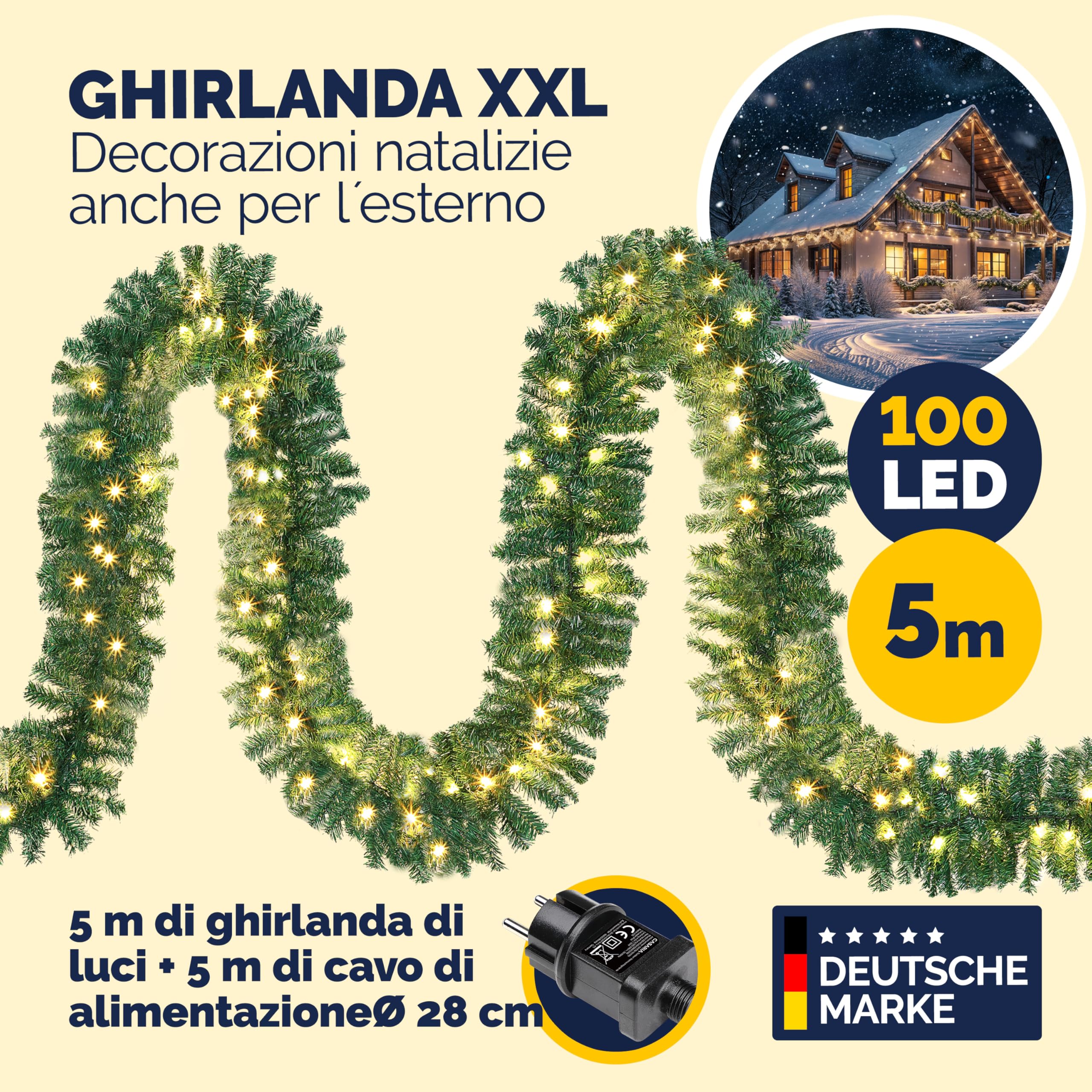 Casaria Ghirlanda Natalizia 5m 100 LED Interno Esterno Decorazione Festività Abete Luce Bianca Calda | Luce Calda, Esterno Interno, Rami Adattabili, IP44, Albero Natale, Decorazioni Natalizie