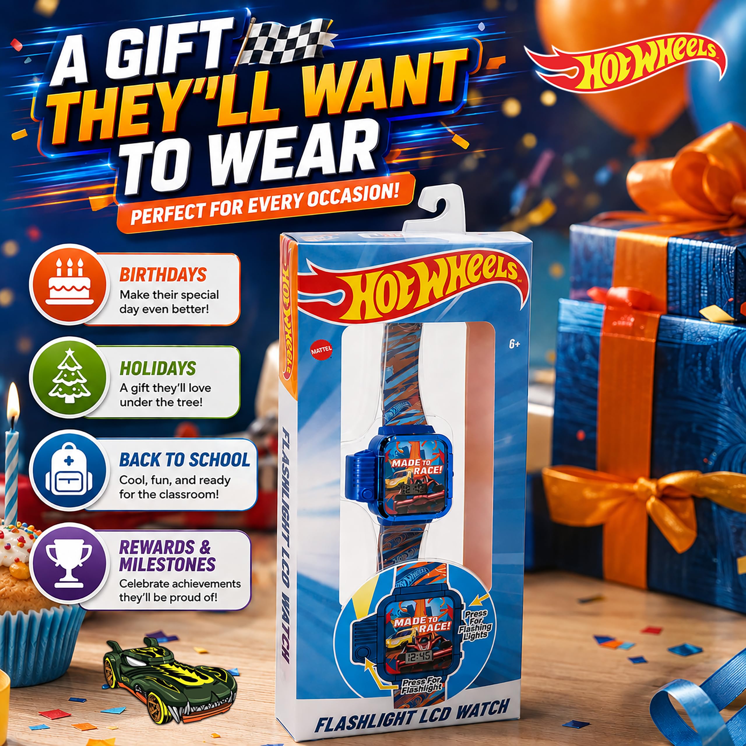 Hot Wheels Montre numérique pour Enfants avec lumière LED, Lampe de Poche | Écran LED lumineux, sangle de personnage imprimée, design résistant à l'eau et ajustement réglable pour poignets de 14 à 21,6