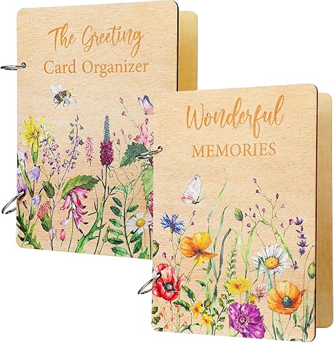 2 paquetes de tarjetas de felicitación, organizador de tarjetas de madera, álbum de tarjetas de madera, álbum de fotos de recuerdo con hebillas de