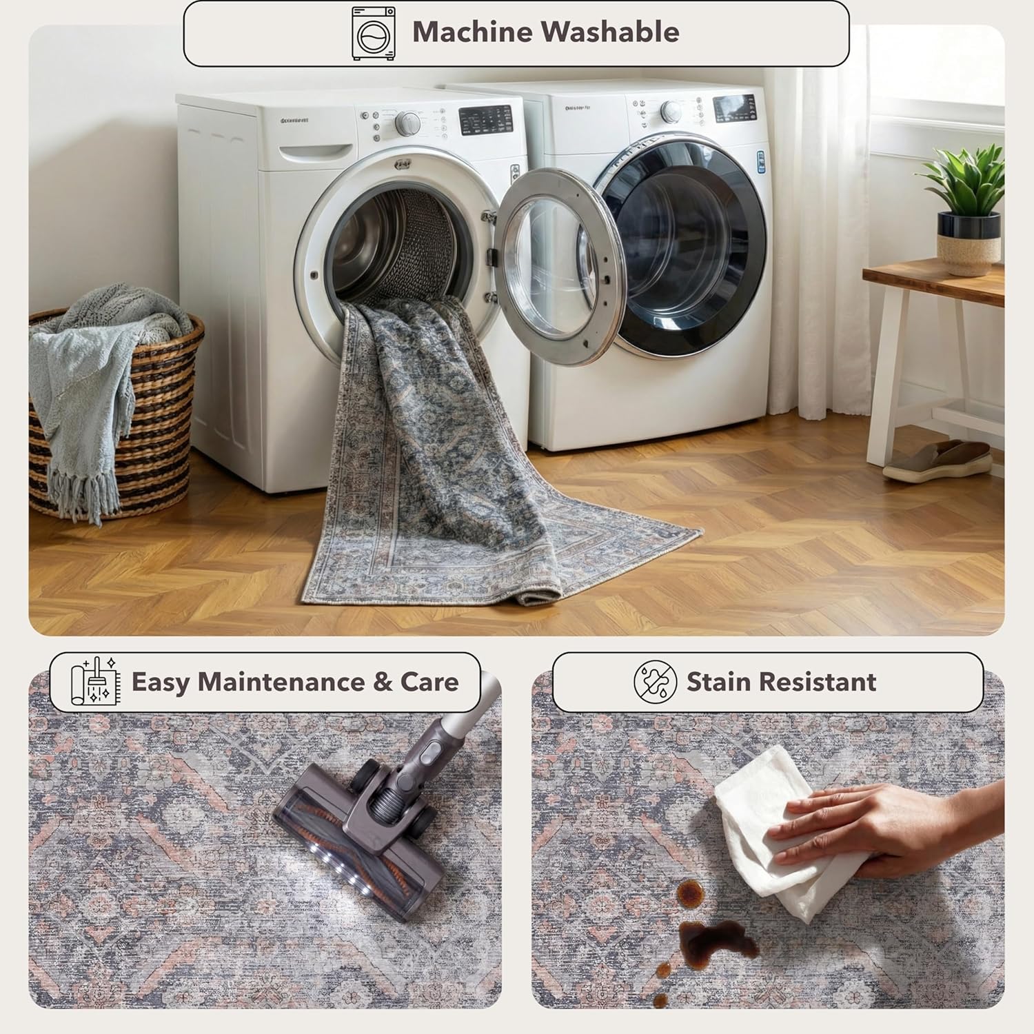 Kuden 2'6"x7' Runner Rug, Machine Washable Area Rug with Non-Slip Backing, Vintage Style, Soft, Easy Clean, Low Pile Rug for Hallway, Entryway, Kitchen, Bedroom