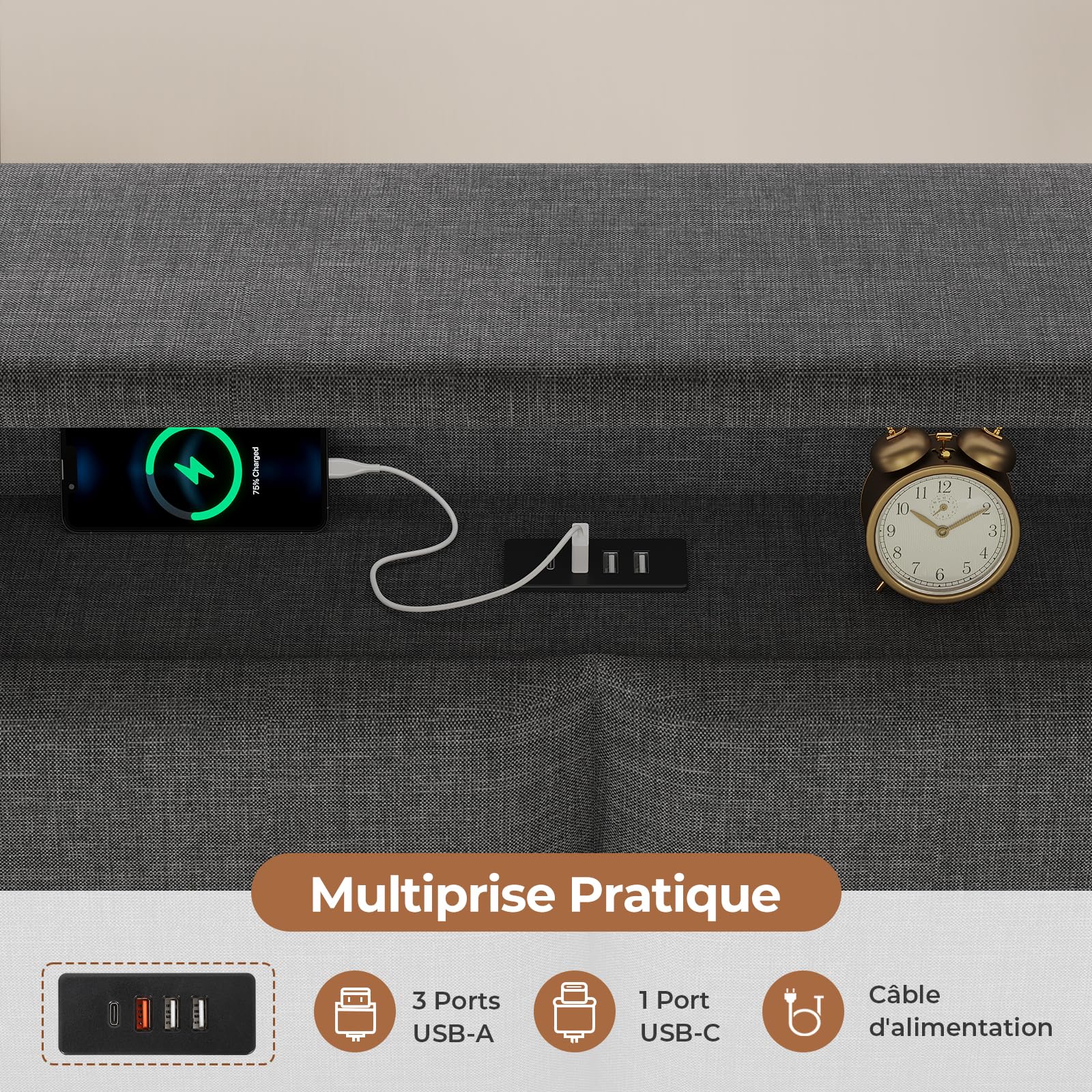AOGLLATI Canapé lit 140 x 200, Lit Coffre 140 x 200 avec LED et Ports USB, Lit Hydraulique avec Tête de Lit capitonné et Rangement, Lit 2 Personnes avec Lattes en Bois, Lin Gris Foncé(sans Matelas)