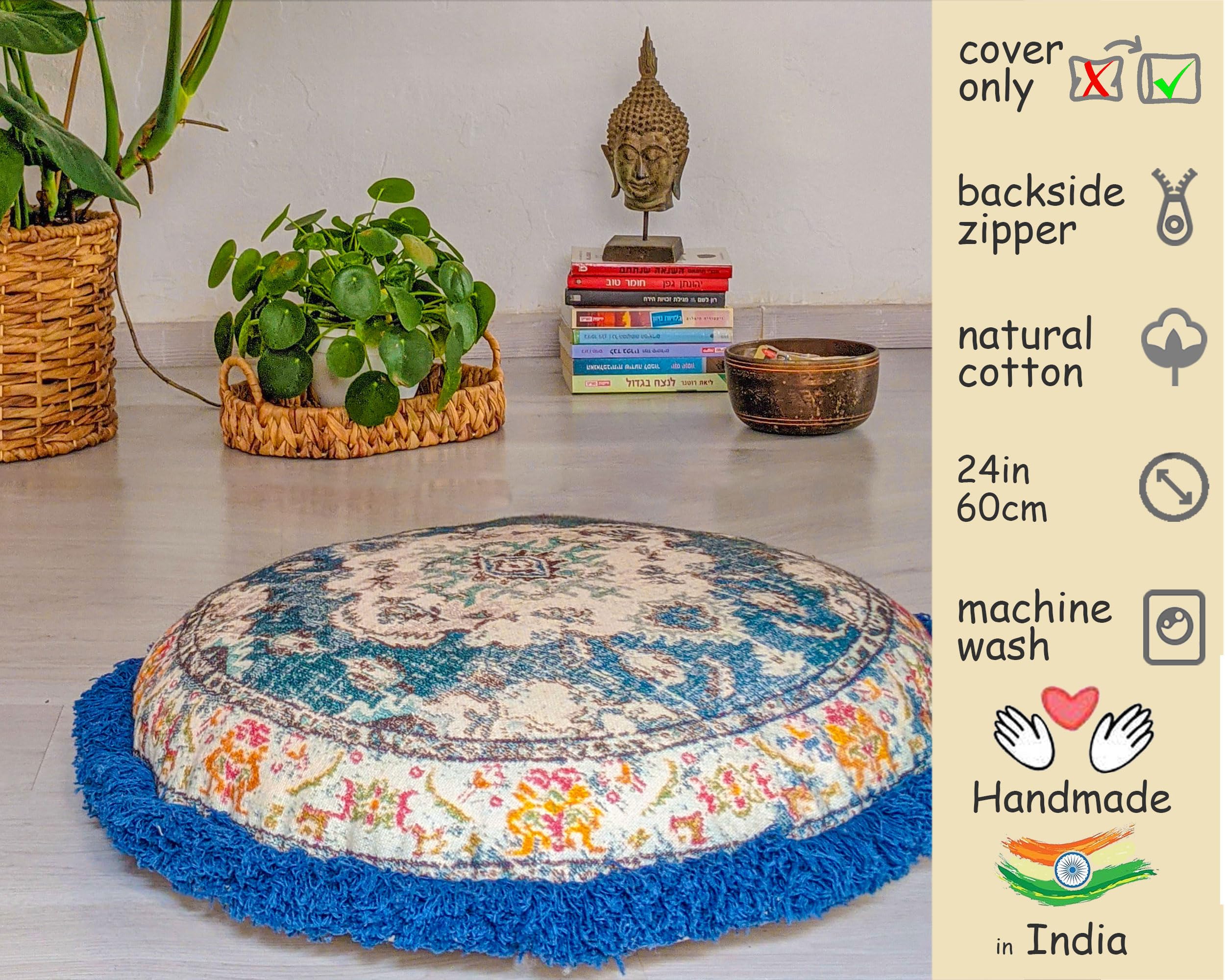 Mandala Life Art Housse de Coussin Ronde en Coton, 66 cm, pour Yoga, méditation, Style bohème, Housse imprimée pour Pouf