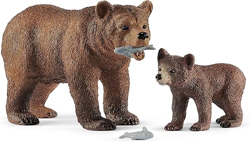 Schleich Wild Life - 42473 - Juego de 4 figuras de oso Grizzly - Figura realista de mamá y bebé cachorro de oso marrón con peces para niños y niños