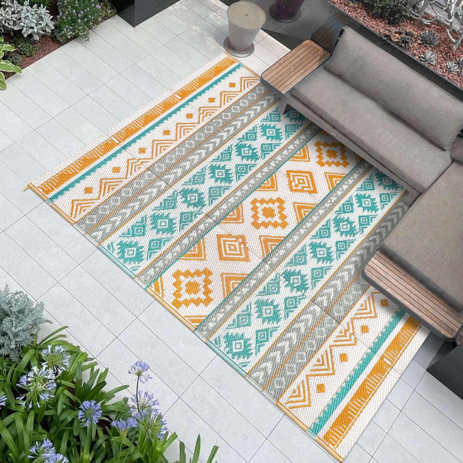 Famibay Tapis Exterieur Resistant Pluie Réversible Tapis Exterieur 150x245cm Résistant Aux UV Plastique Gris Jaune Teal Tapis pour Terrasse Camping Jardin Balcon