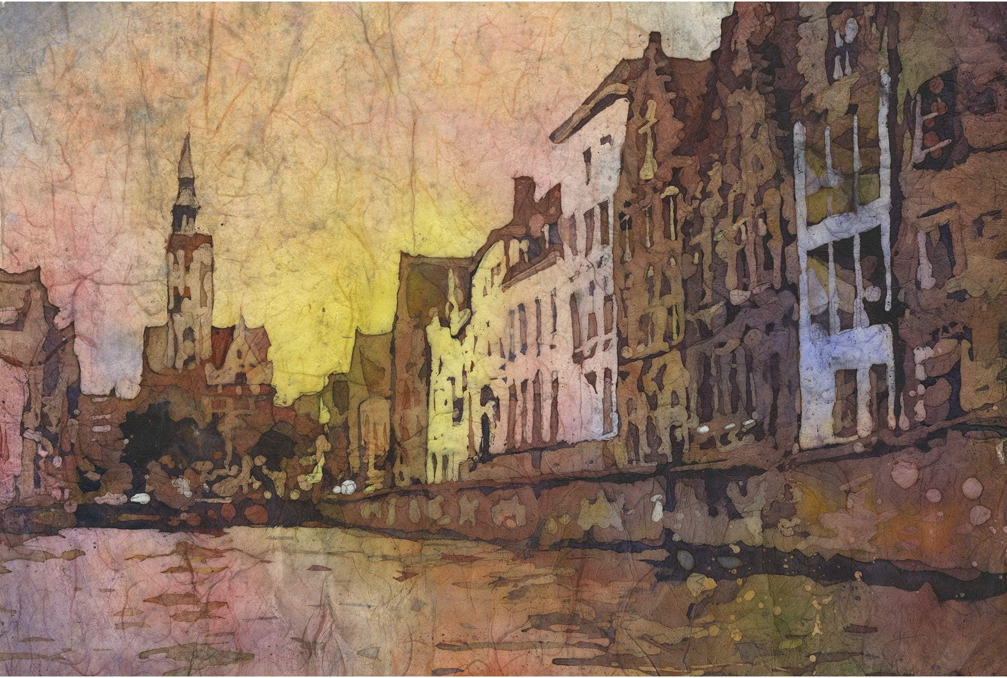 Church rising over medieval buildings of Bruges, Belgium at Jan Van Eyck Square. Watercolor painting of Bruges Belgium art (print)