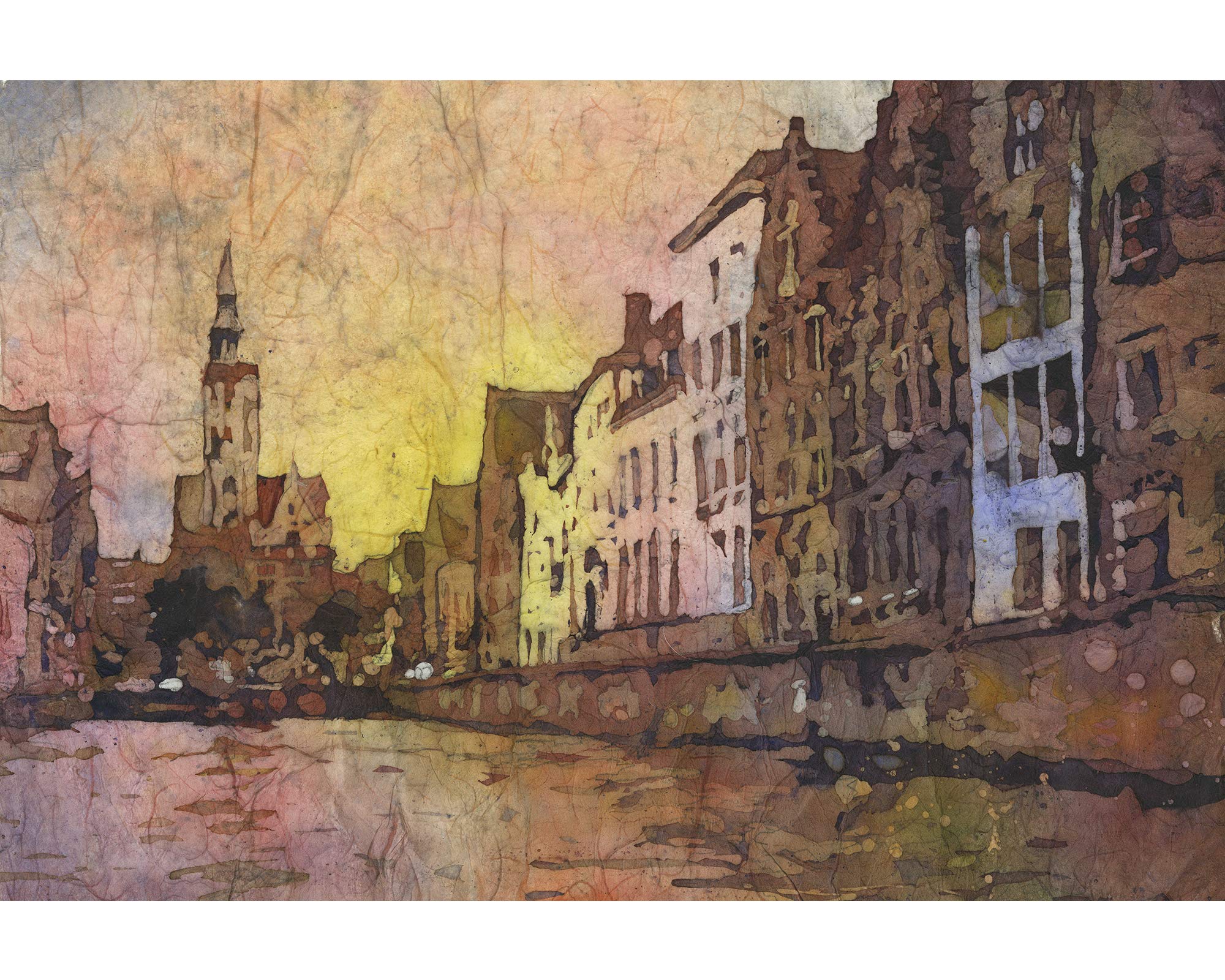 Church rising over medieval buildings of Bruges, Belgium at Jan Van Eyck Square. Watercolor painting of Bruges Belgium art (print)