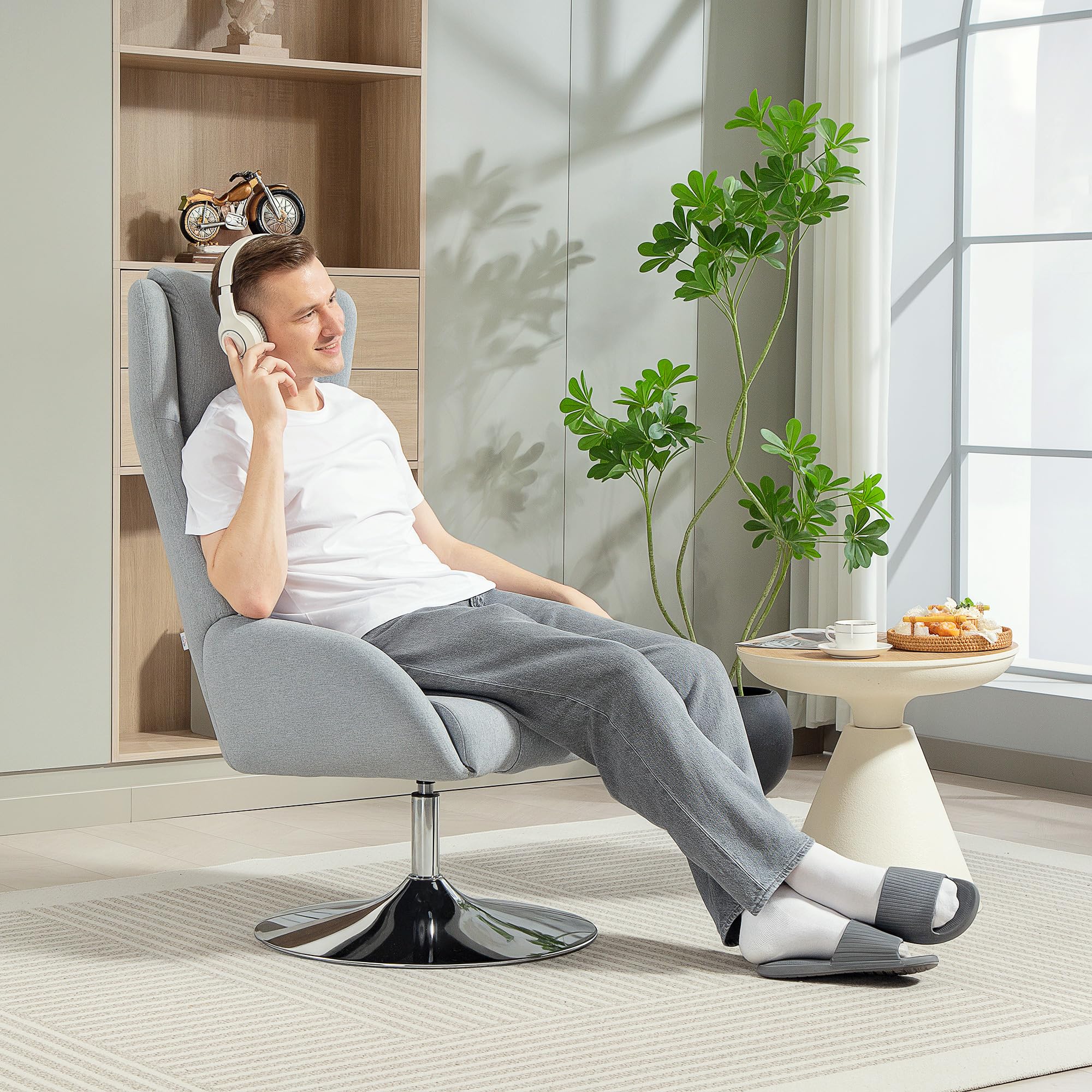 HOMCOM Relaxsessel mit Hocker, 360°drehbarer Fernsehsessel mit hoher Rückenlehne, TV-Sessel mit Samtoptik, Kopfstütze, Metallsockel, Polstersessel für Wohnzimmer, Grau