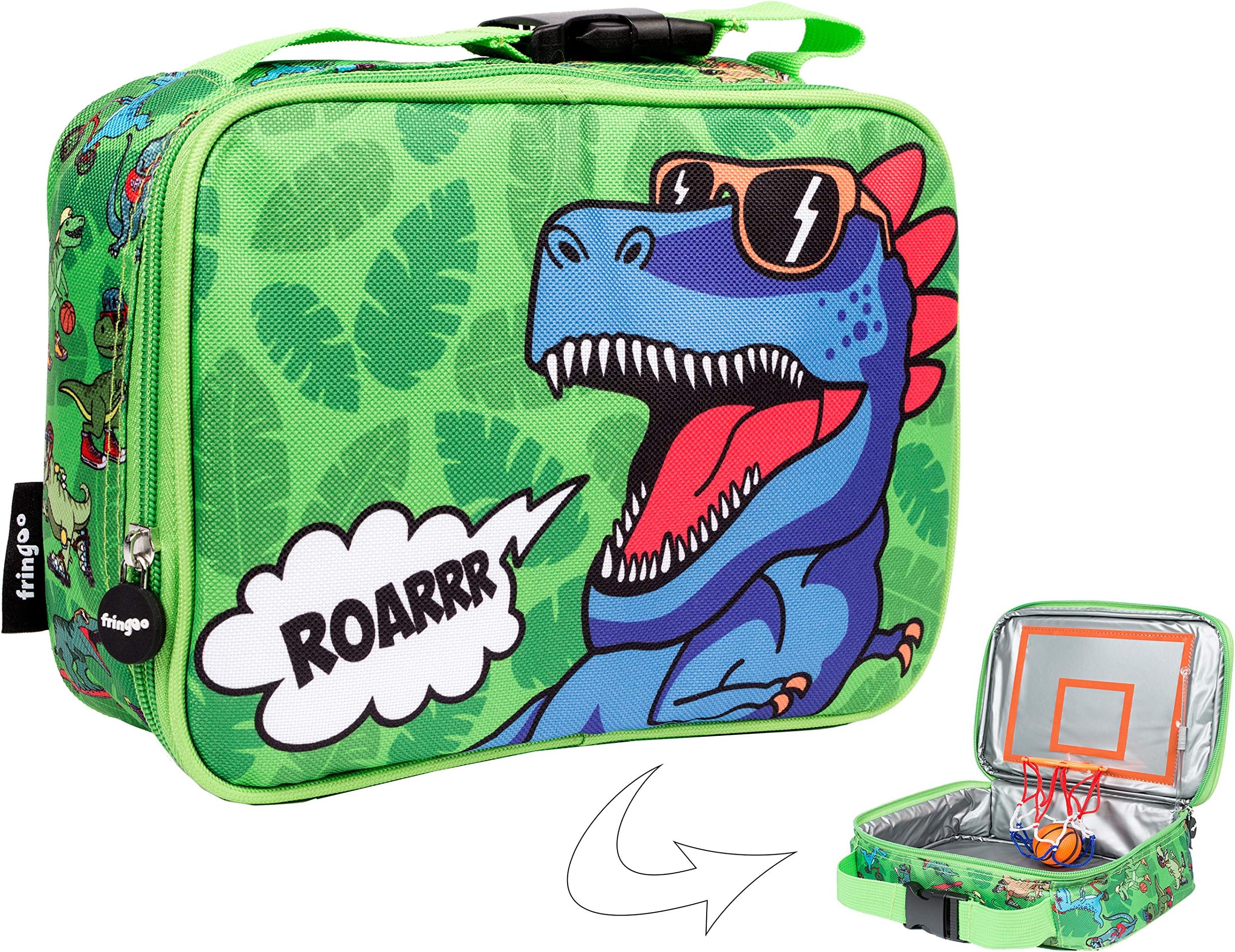 FRINGOO Boys Lunch Bag Basketball Thermal Insulated Cooler Bag for Kids School Nursery Picnic Food Snack Carrier (Roarrr Dinosaur)