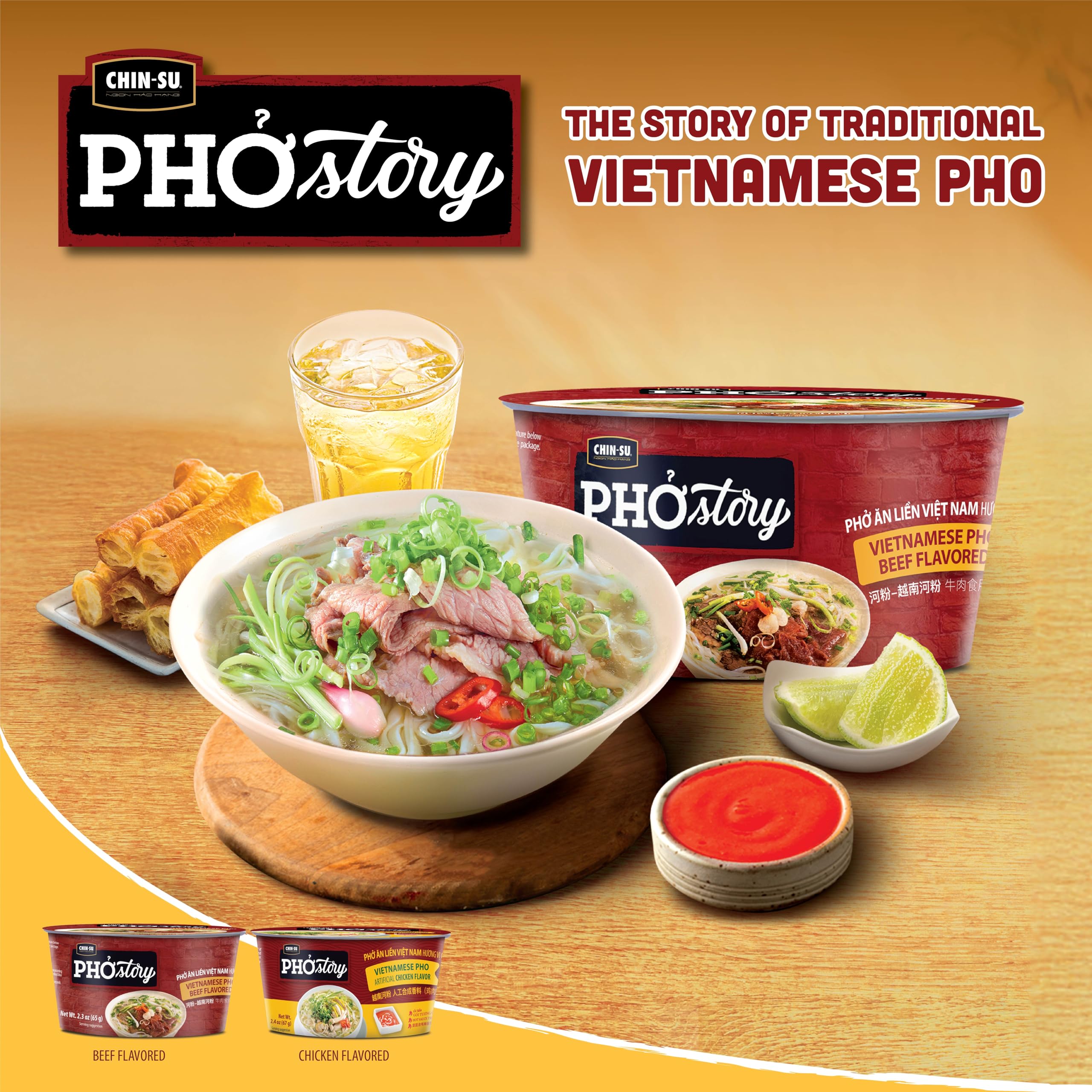 CHIN-SU Vietnamese Pho Noodle Bowl, Chicken Flavor, 2.4 oz, Instant Soup with Rice Noodles
