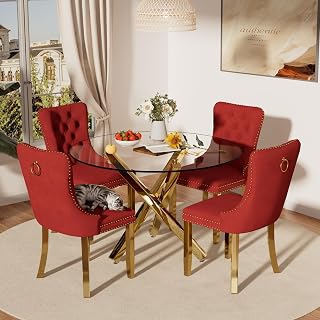 Modern Luxury Round Glass Dining Set for 4, 5 Pcs Small Minimalist Circle Kitchen Table Set, 39'' Clear Circular Glass Top Dinner Room Set, Burgundy High-end Tufted Chairs, for Home (Gold)