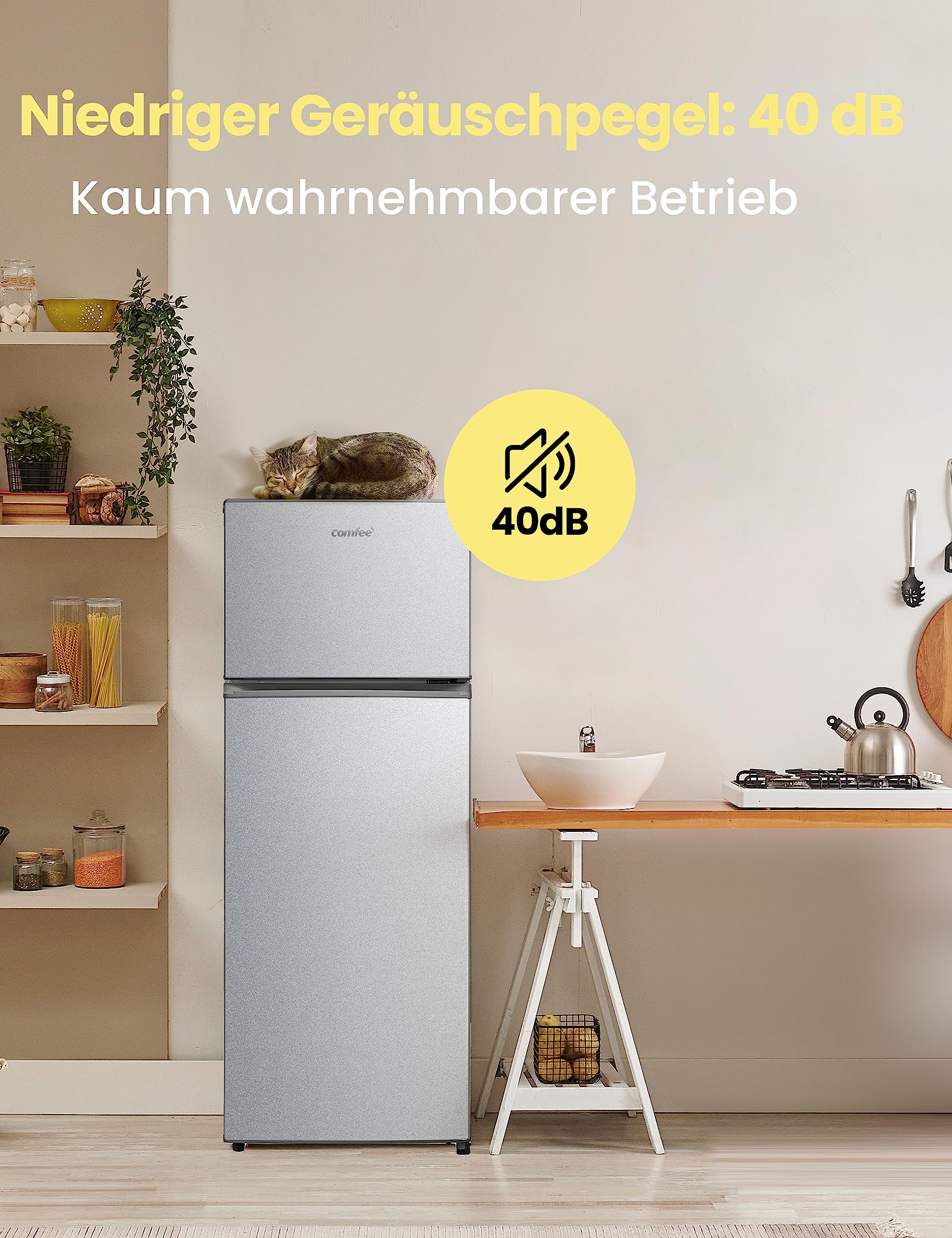 Comfee RCT284DS2 Kühl-Gefrierkombination 176 kWh/Jahr 143 cm Höhe LED Licht Reversibles Türscharnier Silber
