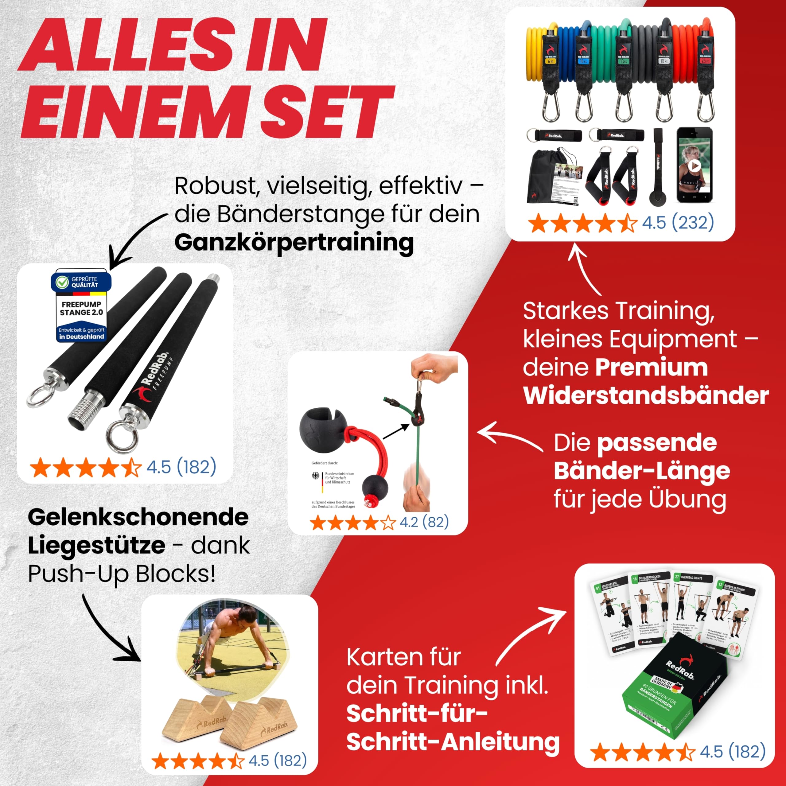 RED RAB Komplettset mit Fitness Stange, Fitnessbänder Set, Push Up Blocks & Trainingskarten für Widerstandsbänder Krafttraining Zuhause, Smart Workout Bar mit Resistance Bands & Trainingsbänder Set