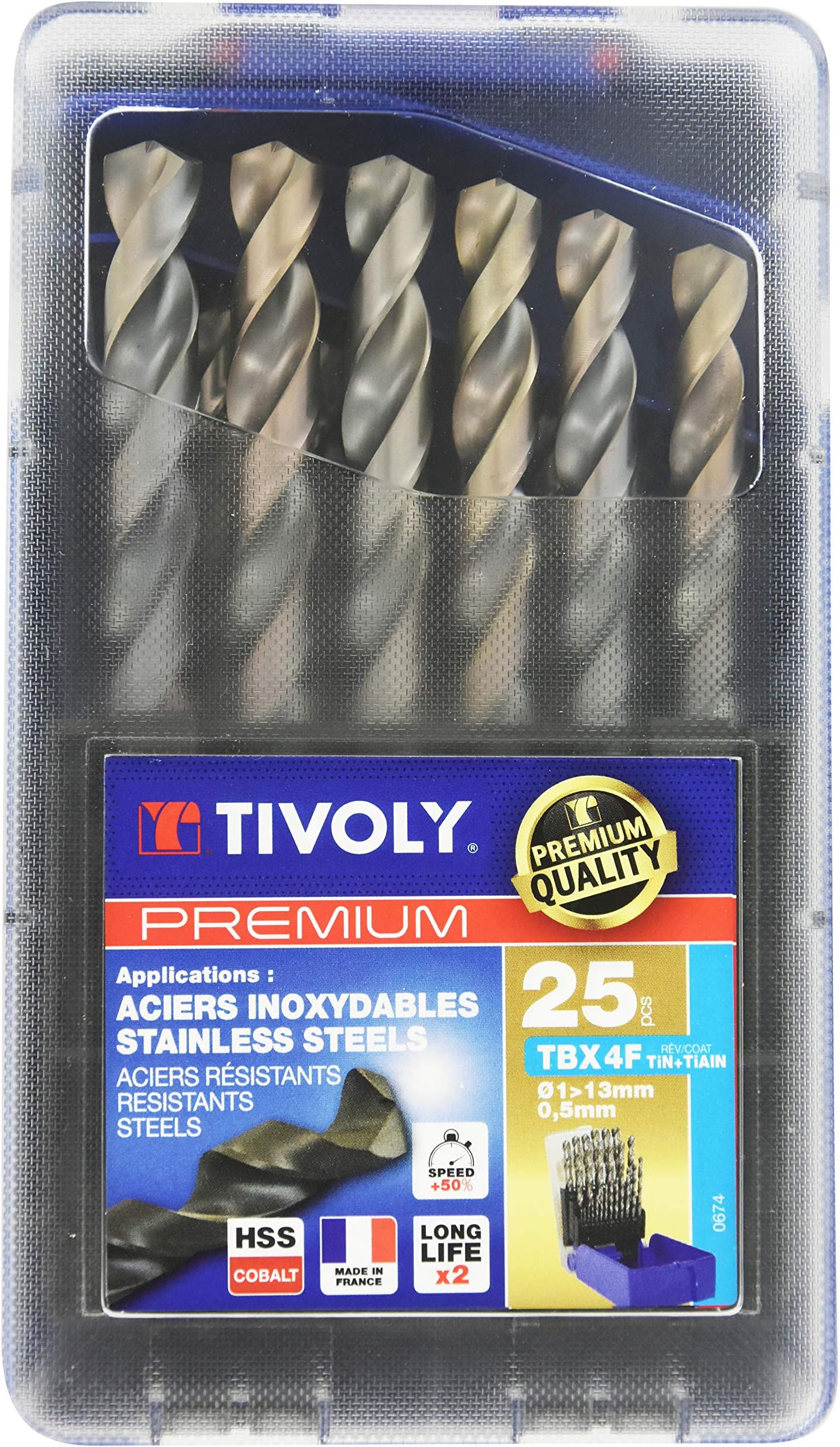 TIVOLY 11456170017 Set G of 25 Premium Tbx 4f HSS Cobalt Revetu Blade, 4 Sided Sharpening, Contains Diameter 1 to 13 mm per 1/2