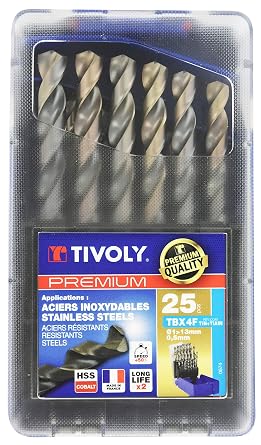 TIVOLY - Set of 25 High-Performance HSS-Cobalt Metal Drill Bits 1/25 to 17/32" - Drilling Stainless Steel and Resistant Steels - Universal Cylindrical Shank for Drill