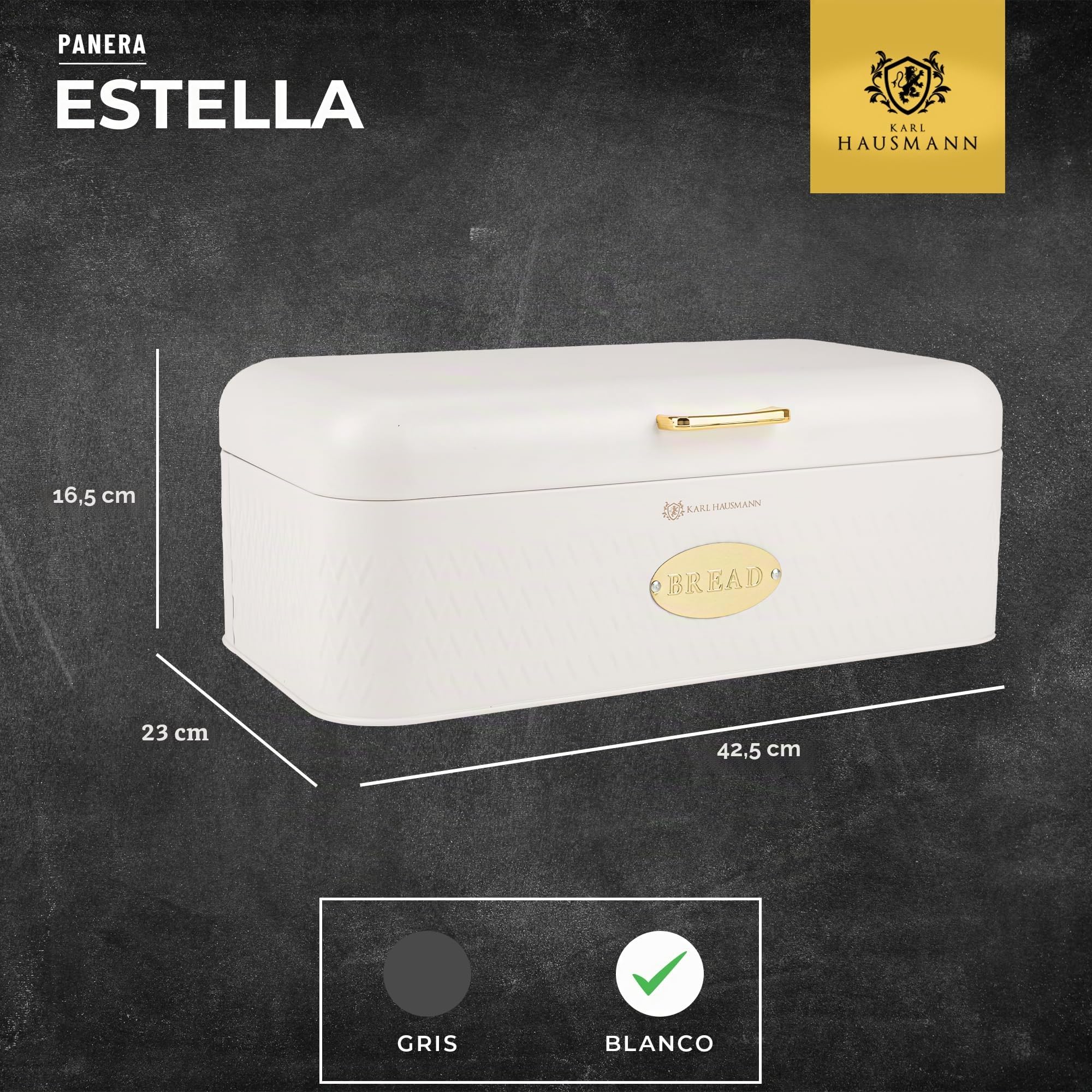 KARL HAUSMANN Panera de Metal Blanca - 42,5x23x16,5 cm - Caja Para Pan Grande Para Pan, Bollos Y Productos De Panadería, Panera Moderna Con Ventilación Para Cocina - Caixa Pao | Panera con relieve frontal geométrico, tapa con bisagra, placa ovalada BREAD,