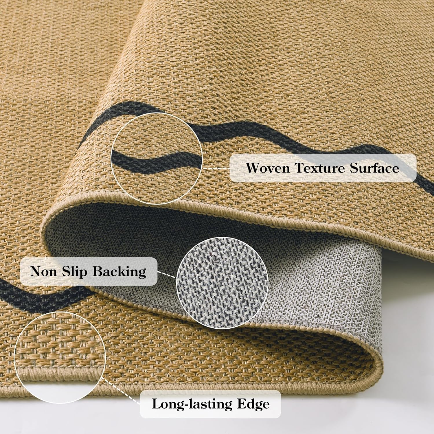 Outdoor Mats for Front Door, Easy Jute 3x5 Porch Rug Scalloped Washable Non Slip Entryway Rug, Stain Resistant Low-Pile Farmhouse Accent Carpet for Kitchen Patio Indoor Home Decor