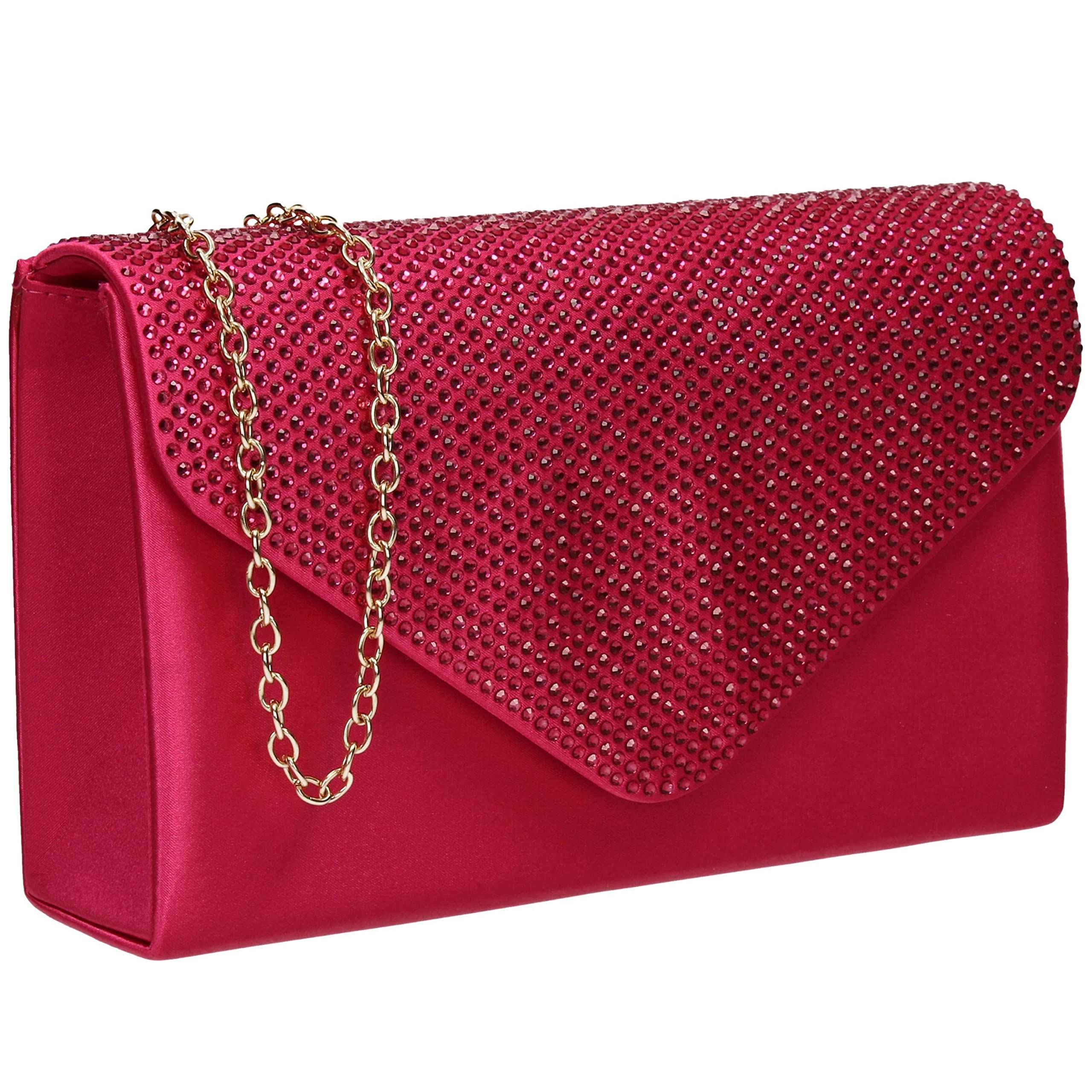 SwankySwans Jodie Womens Satin Diamante Party Prom Wedding Evening Clutch Bag Purse (Fuchsia)