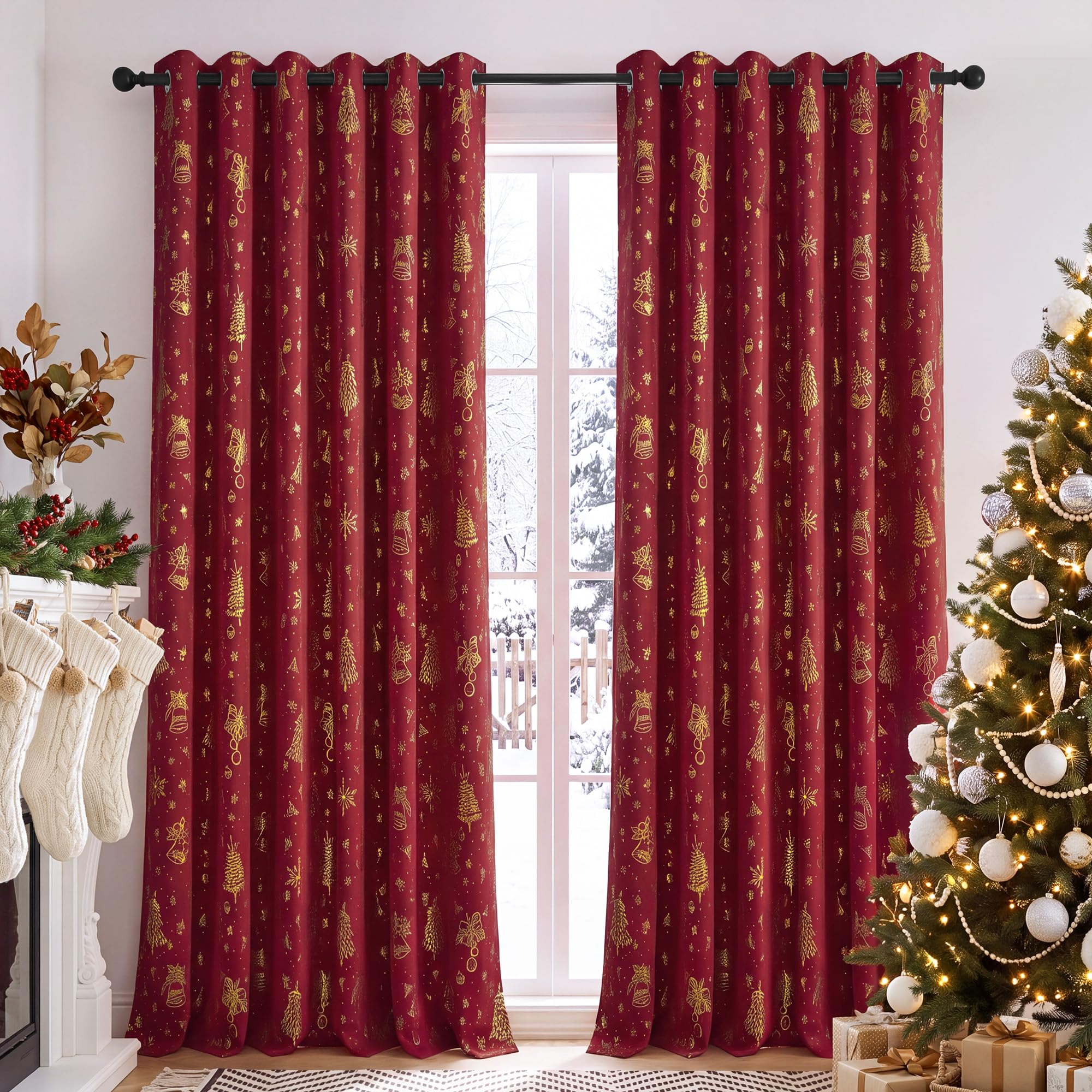 PONY DANCE Red Christmas Curtains Gold Foil Eyelet 90x90 Inch, 2 Panels