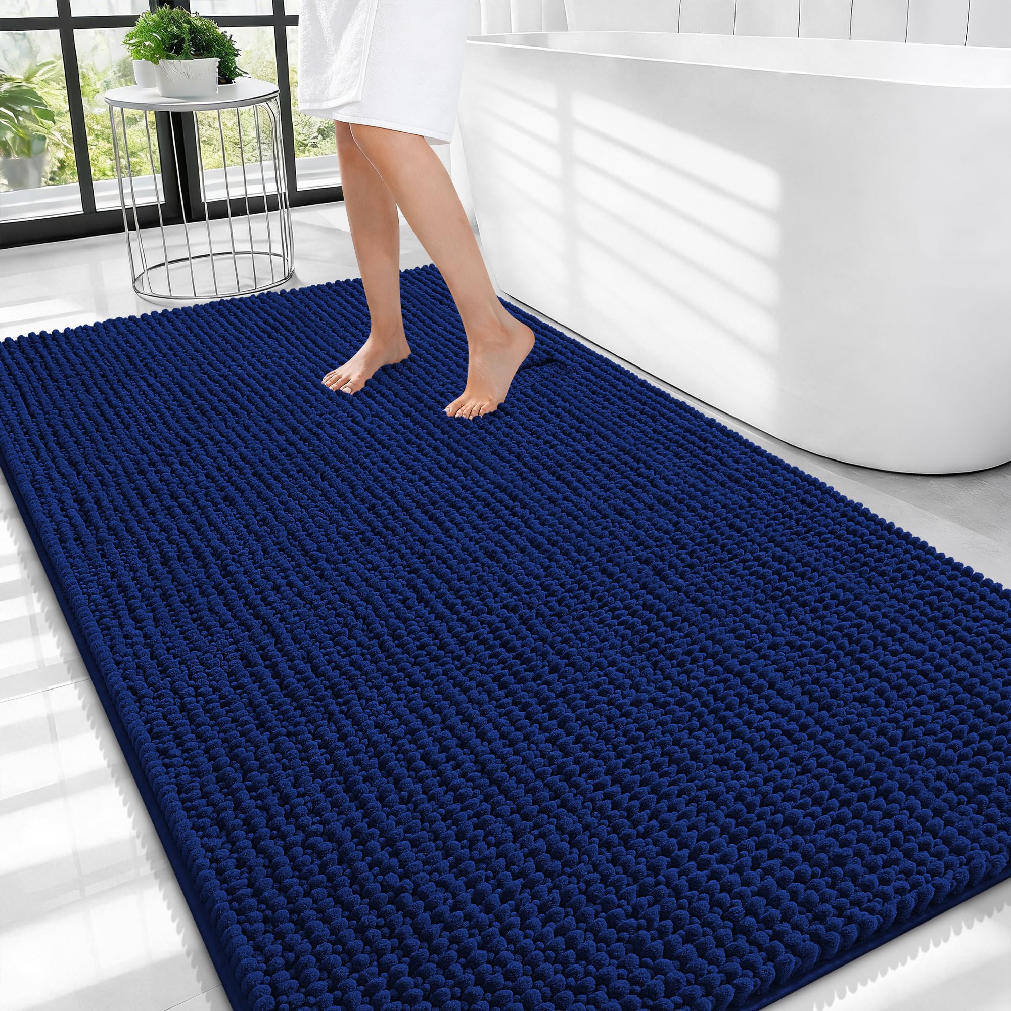 OLANLY Thick Chenille Large Bathroom Rugs 44x32, Absorbent Bath Mat, Navy