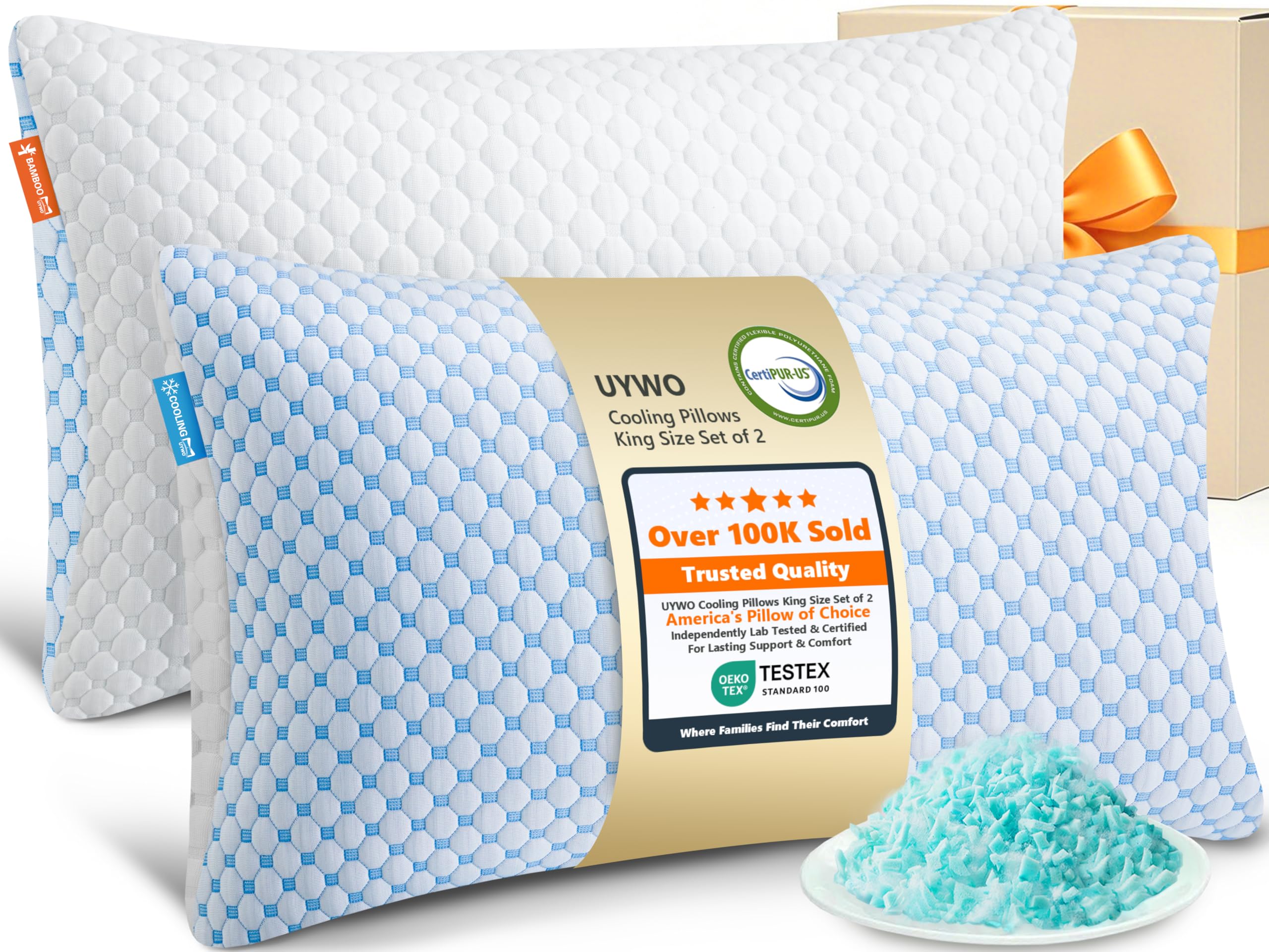 UYWO Cooling Memory Foam Pillows King Size Set of 2, Blue