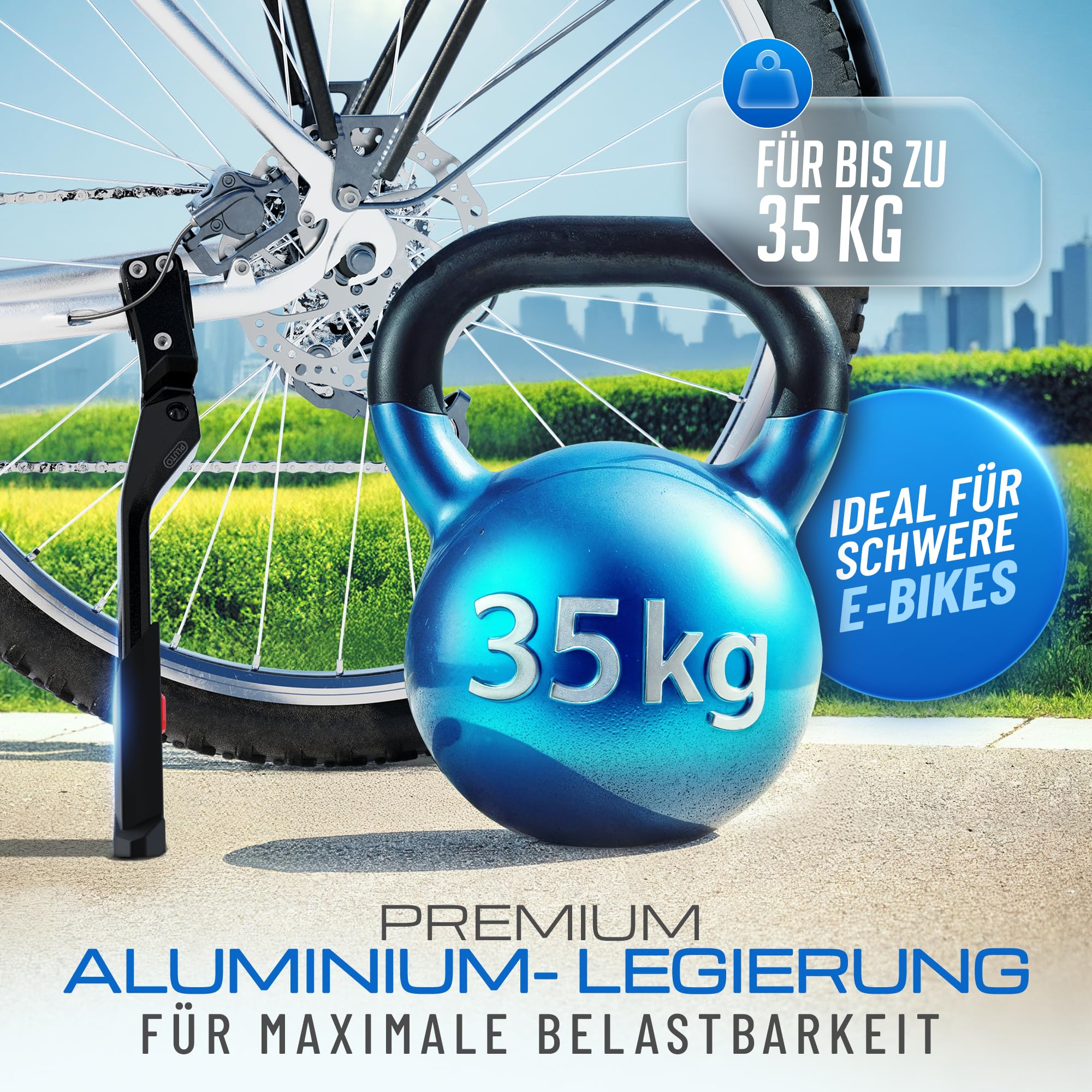PLUTO Fahrradständer 24–29 Zoll – Höhenverstellbarer Hinterbauständer aus Aluminium | MTB Fahrradständer & E-Bike Ständer | Rutschfester Universal Seitenständer für Mountainbike, City & Trekking