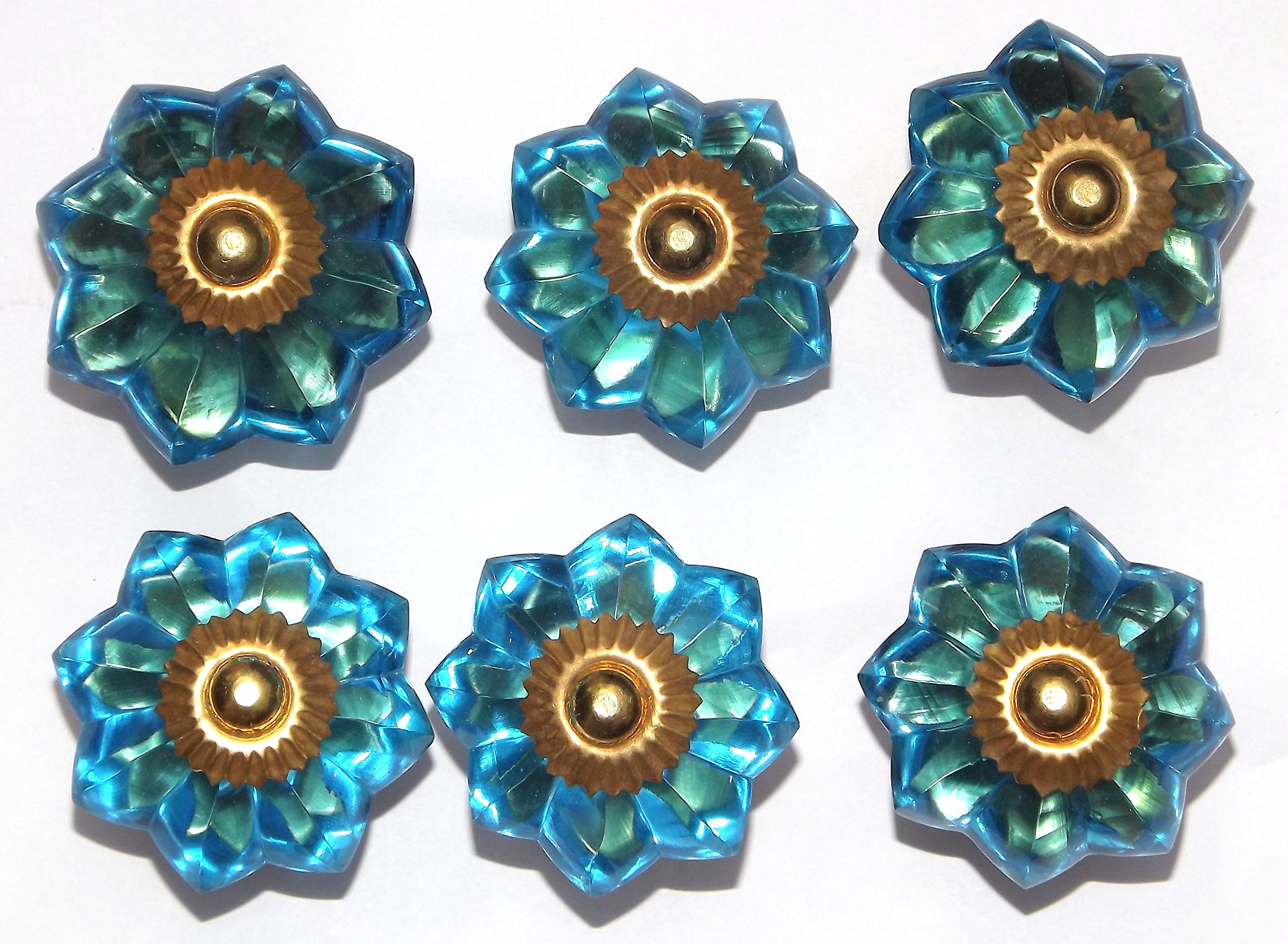 Lot de 6 boutons de meuble fleur bleu clair en verre et laiton