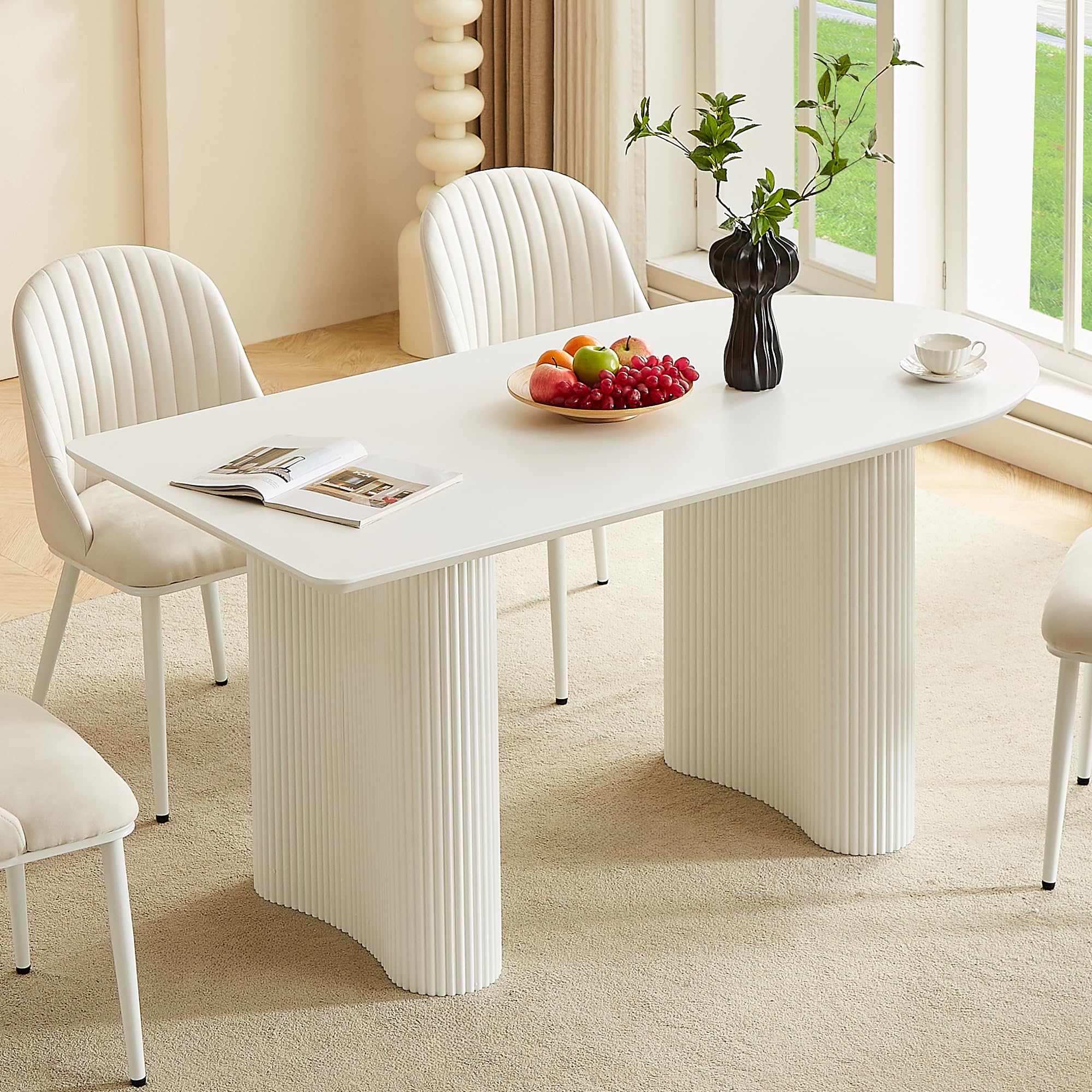 Tavolo da pranzo ovale da 160 cm, moderno, color crema, tavolo da cucina per 4-6 persone, tavolo da pranzo con gambe ondulate e piano in MDF per sala da pranzo, soggiorno, solo tavolo