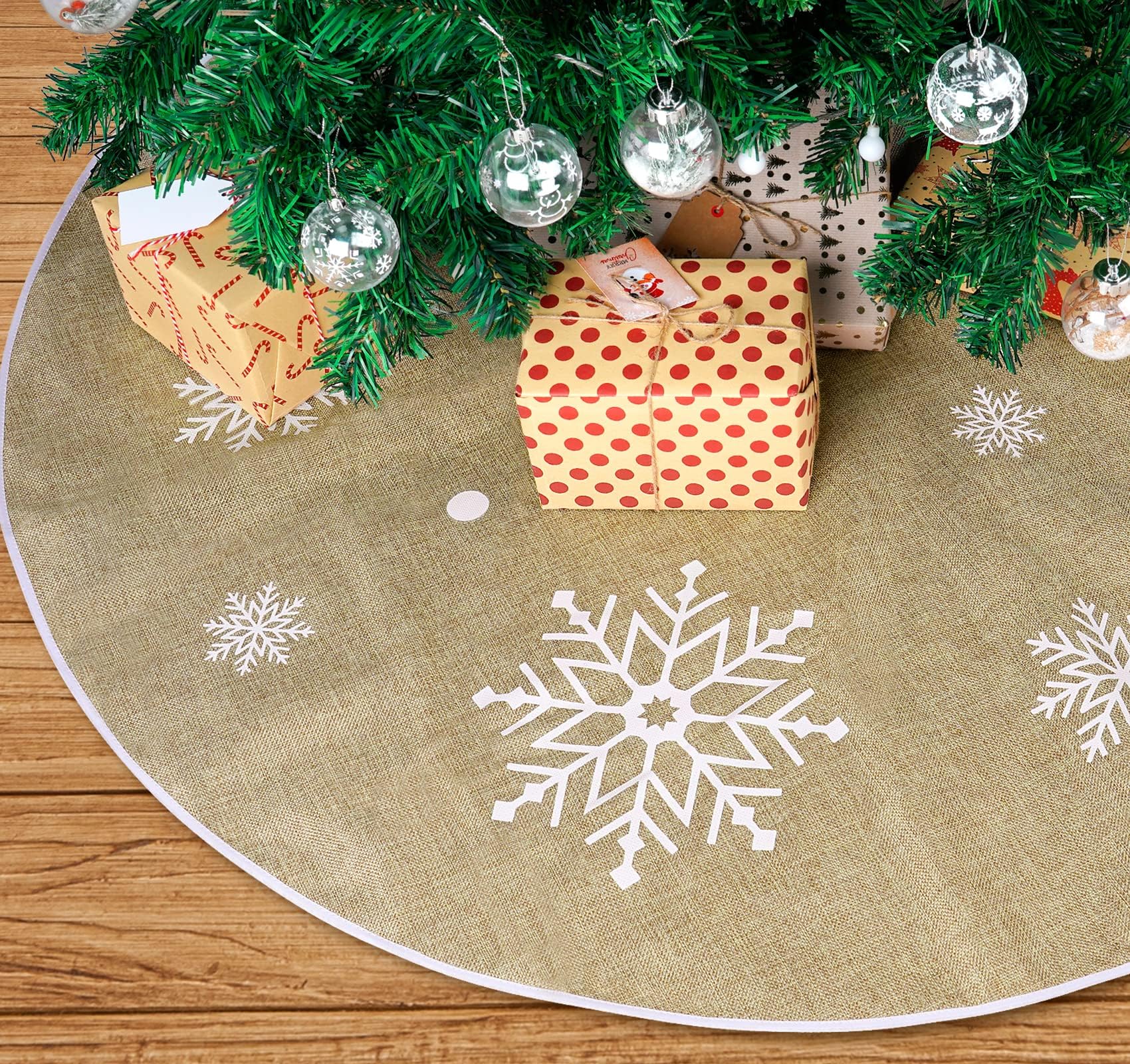 Weihnachtsbaumdecke 100cm Mit Schneeflocken - Braune Baumdecke Aus Leinen