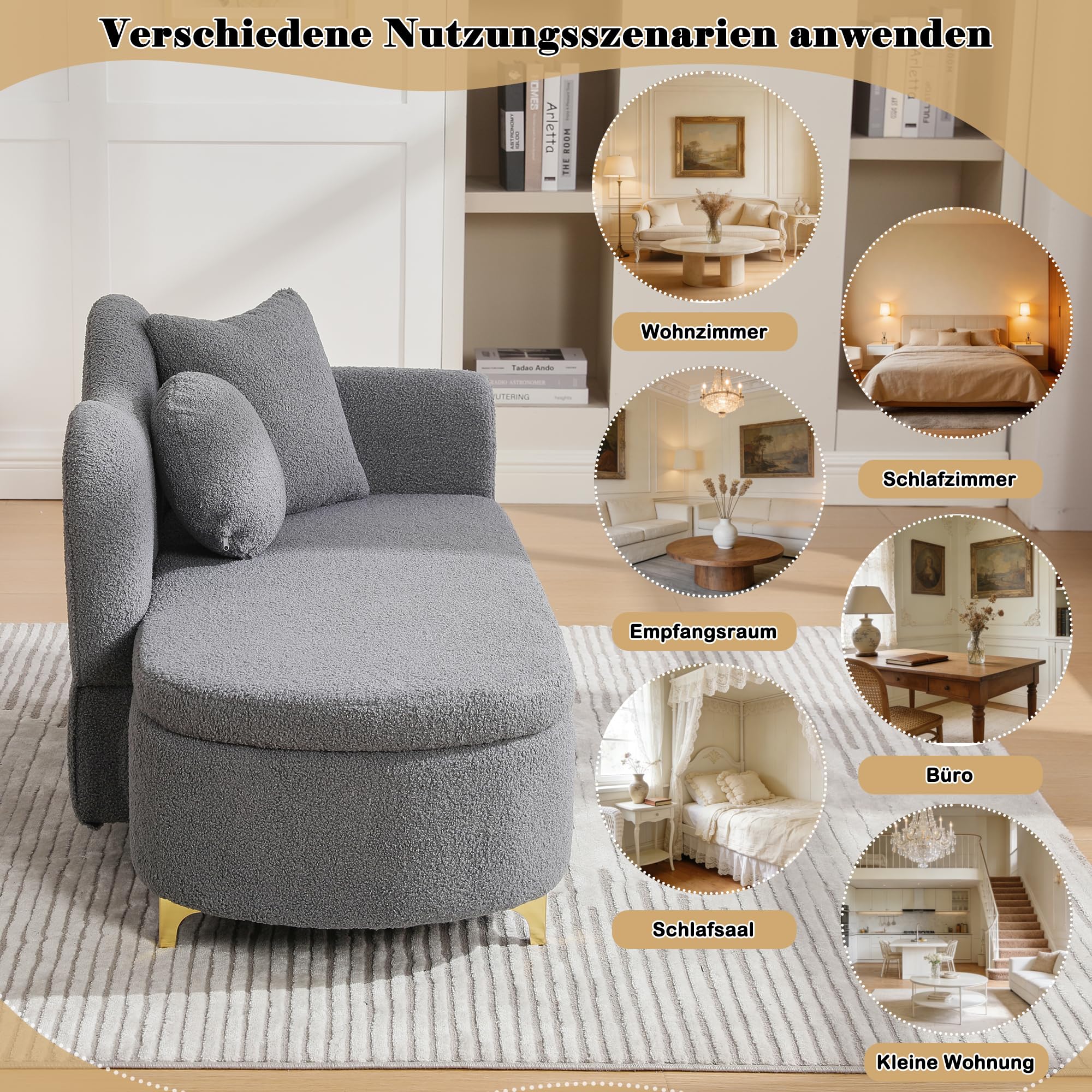 Merax Chaiselongue mit Stauraum, 134 cm Liege mit wellenförmiger Rückenlehne & Boucle-Stoff, hochdichter Schaumstoff, inkl. Lenden- & Nackenkissen, Retro-Look mit Massivholzrahmen, Grau