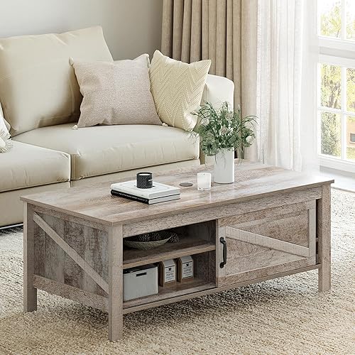 YITAHOME Mesa de centro con almacenamiento para sala de estar, mesa central de granja con puerta corrediza de granero, mesa de café de madera