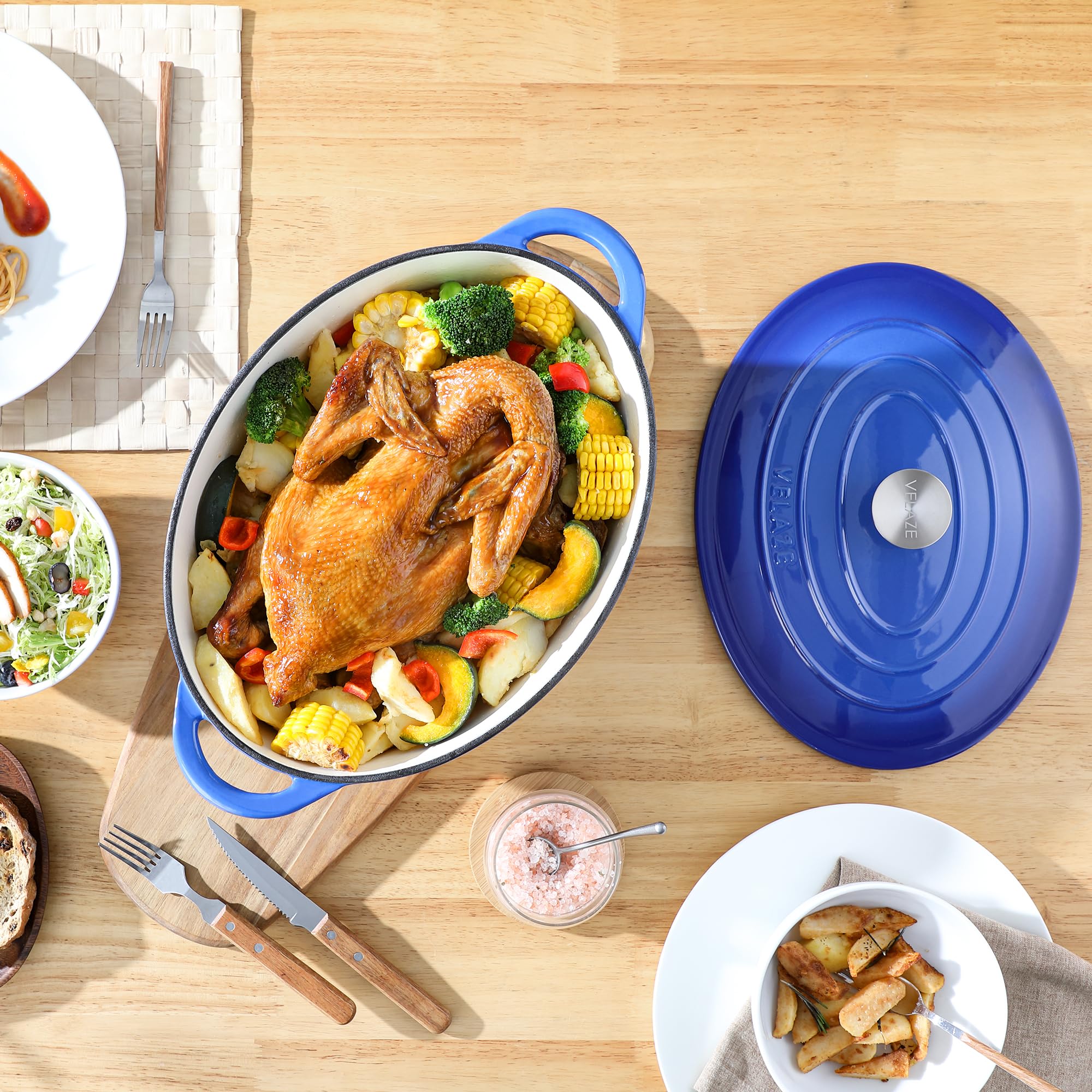 Velaze Cocotte Fonte Ovale 7L,Émaillée Marmite Fonte 34cm,Dutch Oven Compatible Induction/Gaz/Four,Antiadhésive Cocotte avec Couvercle,Bleue