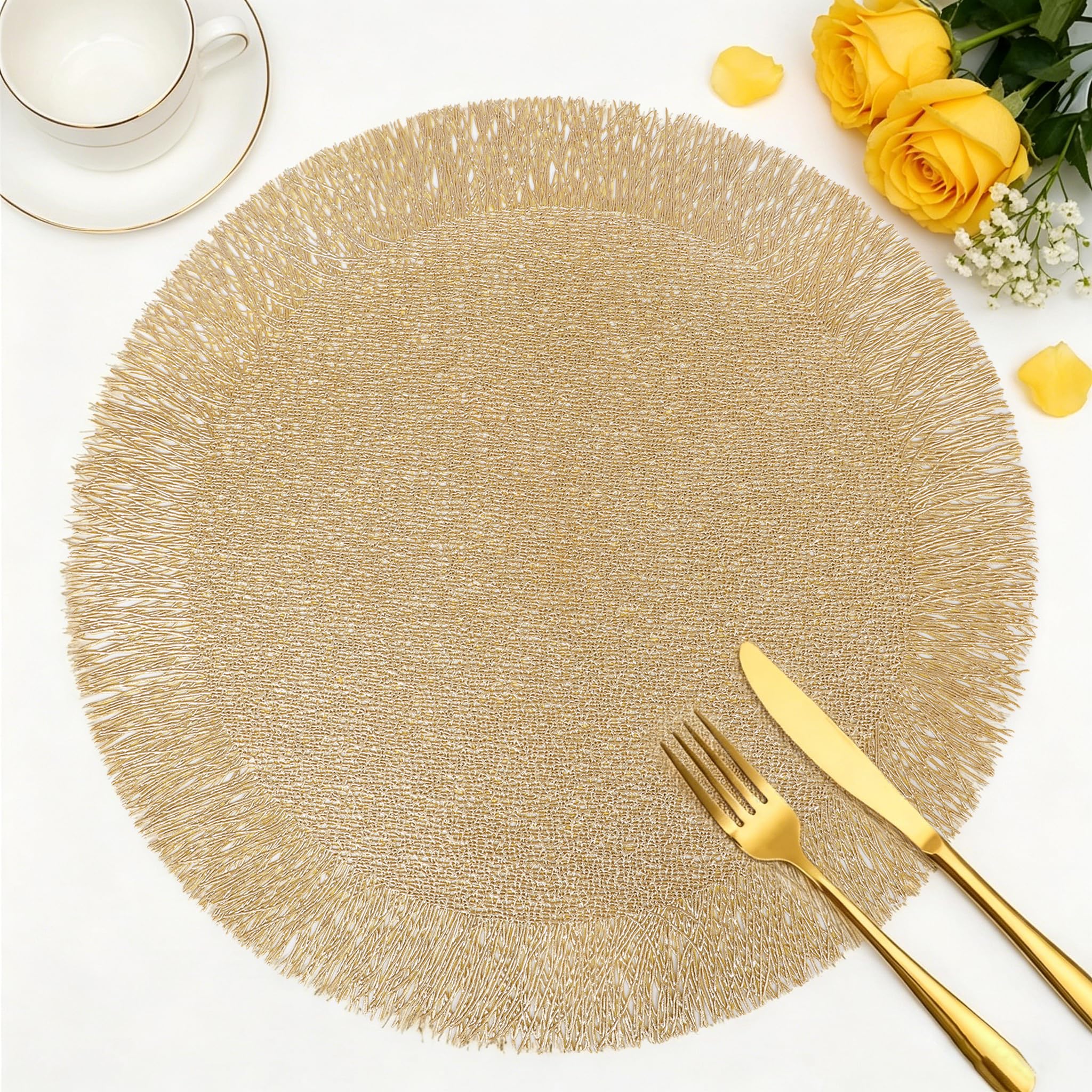 FAVE Juego de 6 manteles individuales redondos de vinilo dorados, lavables y ahuecados con borlas para decoración de mesa, uso diario, decoración de vacaciones (15 pulgadas, 6 piezas)
