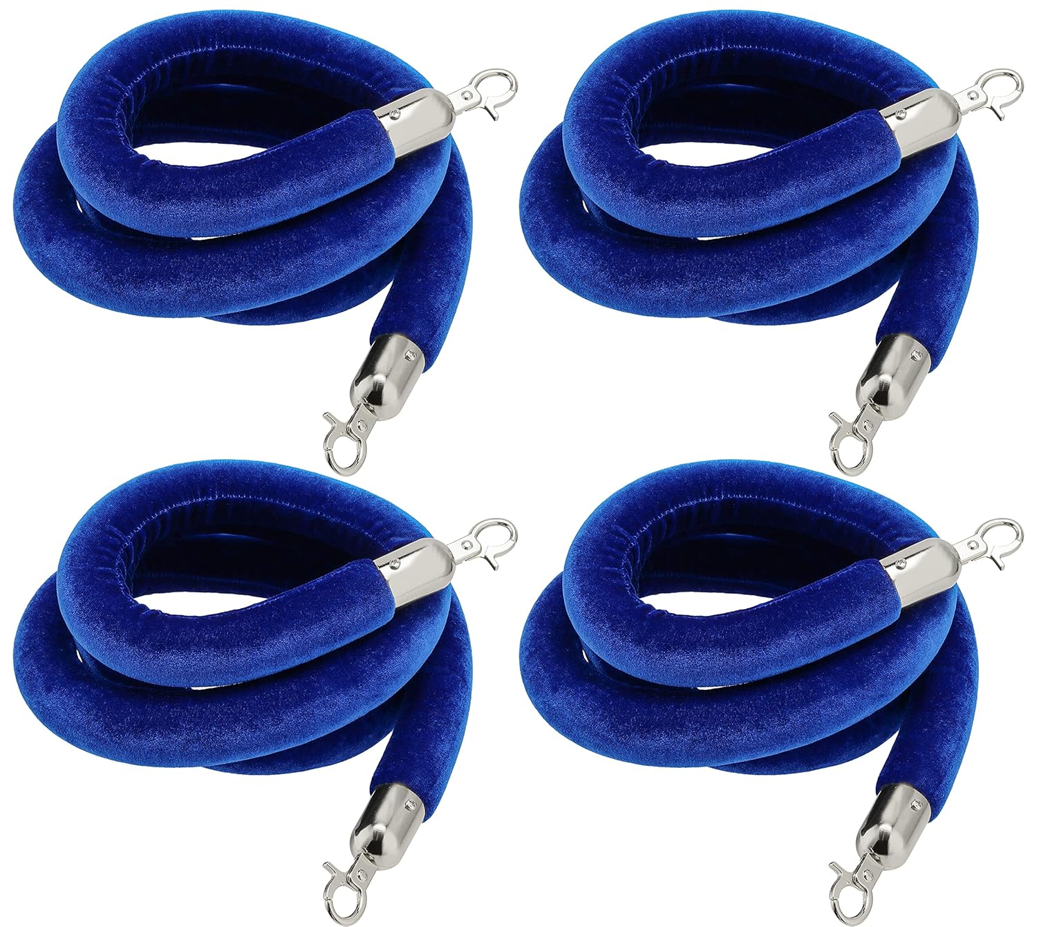 JAPCHET 4 Pack 6.5 Feet Velvet Rope, Blue Velvet Stanchion Rope with Silver Polished Hooks, Crowd Control Queue Line Barrier Rope Hanging Ropes for Hotels, Movie Theaters