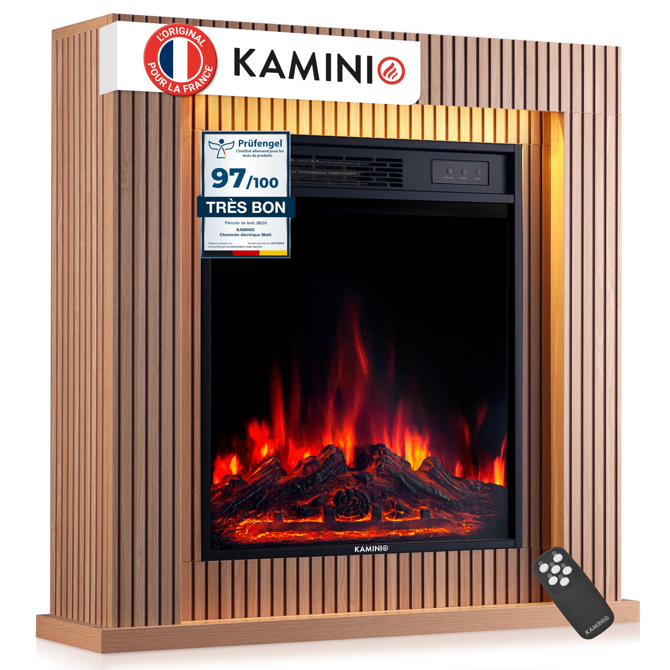 KAMINIO Cheminée électrique Matti - Cheminée sur Pied avec Chauffage, Effet de Flamme 3D, lumière d'ambiance LED, télécommande - 32 Pouces (Panneau)