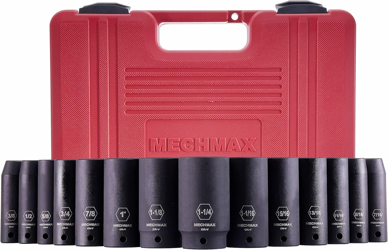 14 Piece MECHMAX Heavy Duty Deep Impact Socket Set 1/2 Inch Drive Standard Sizes, 3/8-1-1/4 Inch Chrome Vanadium Steel Thick Wall Design for High Torque Wrenches & Lug Nuts