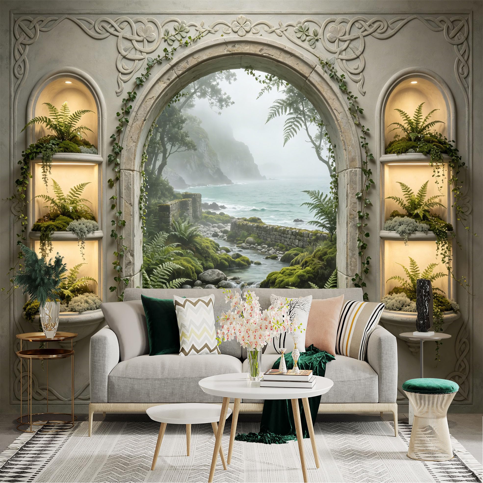Custom Size Wall Sticker Mural， Misty Coastal Landscape with Stone Arch and Ferns， for wall Decoration， peelandstick wall Decals.